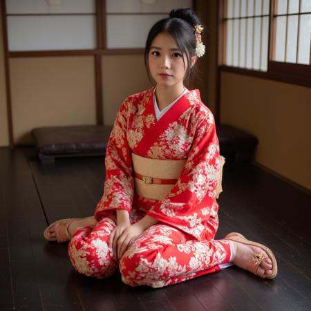 This photo is of a young Asian woman wariza sitting on a dark wooden floor. She is dressed in a vibrant red kimono with intricate floral patterns, paired with traditional geta sandals. Her hair is styled in a neat bun, adorned with a decorative hairpin. The setting appears to be indoors, possibly in a traditional Japanese room, with sliding doors visible in the background. The mood is elegant and cultural, with the image quality being crisp and vivid. The camera perspective is at eye level, capturing her from a slightly angled front view.