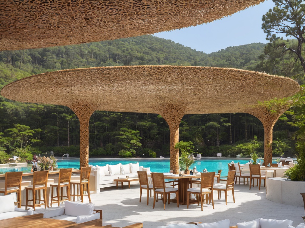 Best quality, masterpiece, ultra detailed, a giant building near a hillside, complex architecture, butterflies, vines, moss, exquisite architecture, endless pine forests, snow scenery, RAW simulation photos, art station trends, wide-angle photos, depth of field, perfect compositiona pavilion made of rattan,Swimming pool,outdoor sofa,tropical.,Summer Noon,montage effect,<lora:20240102-1704177466587:0.6>,restaurant,