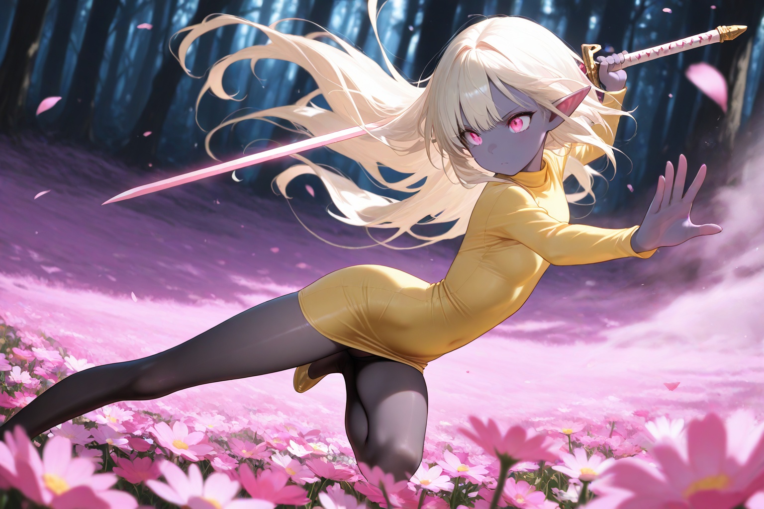 masterwork,masterpiece,best quality,depth of field,nsfw BREAK dramatic lighting BREAK dark elf,grey purple skin tone,hot pink eyes,petite,very long white blonde hair,forest meadow of flowers,holding sword,large rune sword BREAK dynamic motion,fighting stance,dutch angle,yellow shirt,black_pantyhose,pencil_dress,