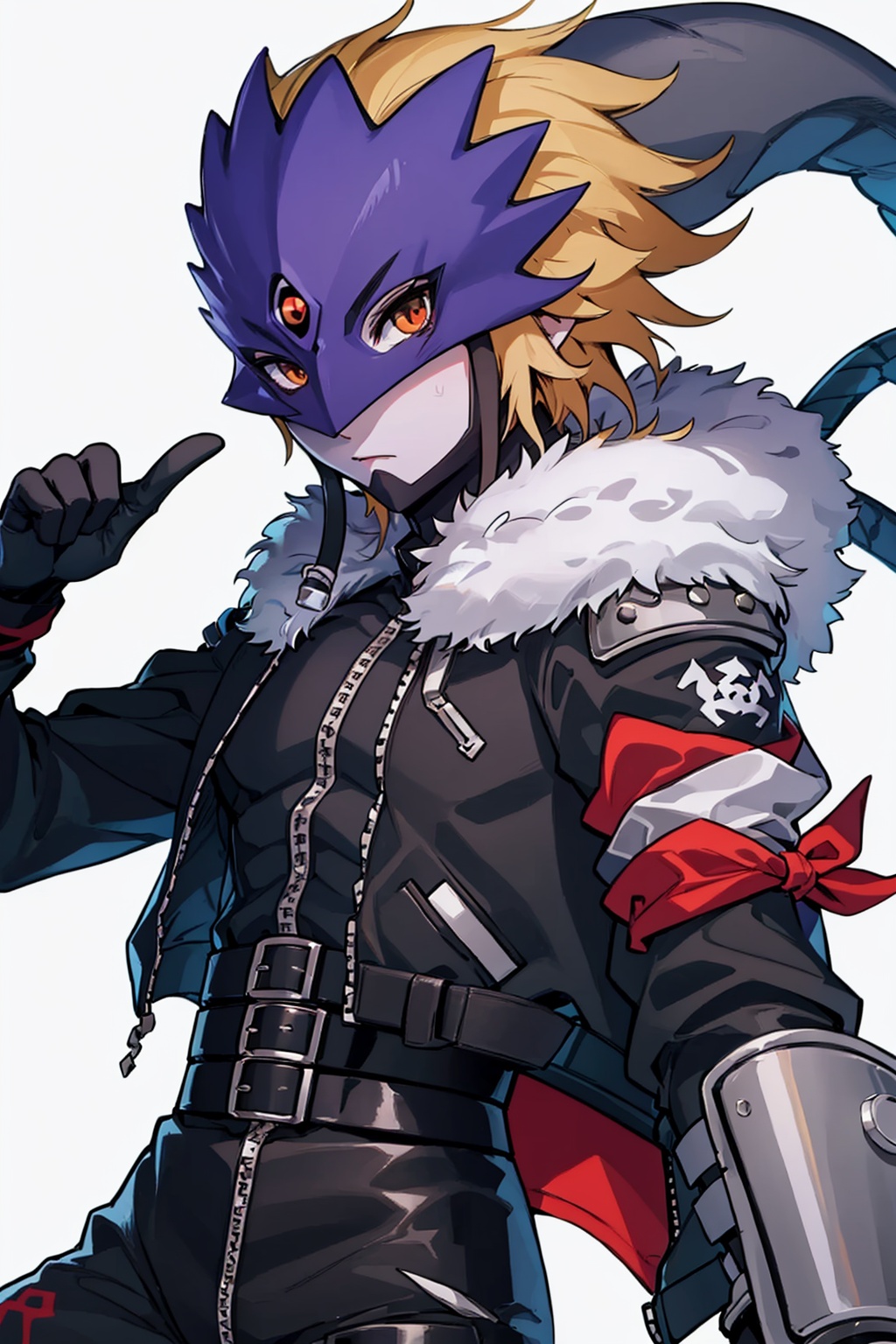 masterpiece,best quality, highly detailed, beelzebumon,digimon \(creature\),mask,1boy,solo,male focus,belt,black jacket,simple background,zipper,fur-trimmed jacket,looking at viewer,<lora:beelzebumon:1>