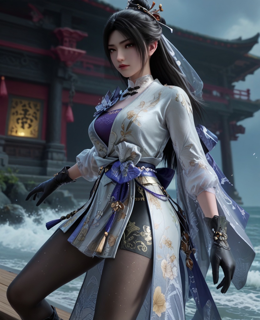 (oriental architecture, elegant decor, sophisticated style:1.1),(surfing on surfboard,waves:1.1),(breasts:1.2),<lora:XL永劫无间顾清寒冰雁:0.95>,miss guqinghan,white dress,purple lingerie,sash,black hair,long hair,hair ornament,black gloves,black pantyhose,fart curtain,, score_9,score_8_up,score_7_up,score_6_up,score_5_up,score_4_up,3d rendering,tag1,tag2, Cinematic Lighting,backlighting,