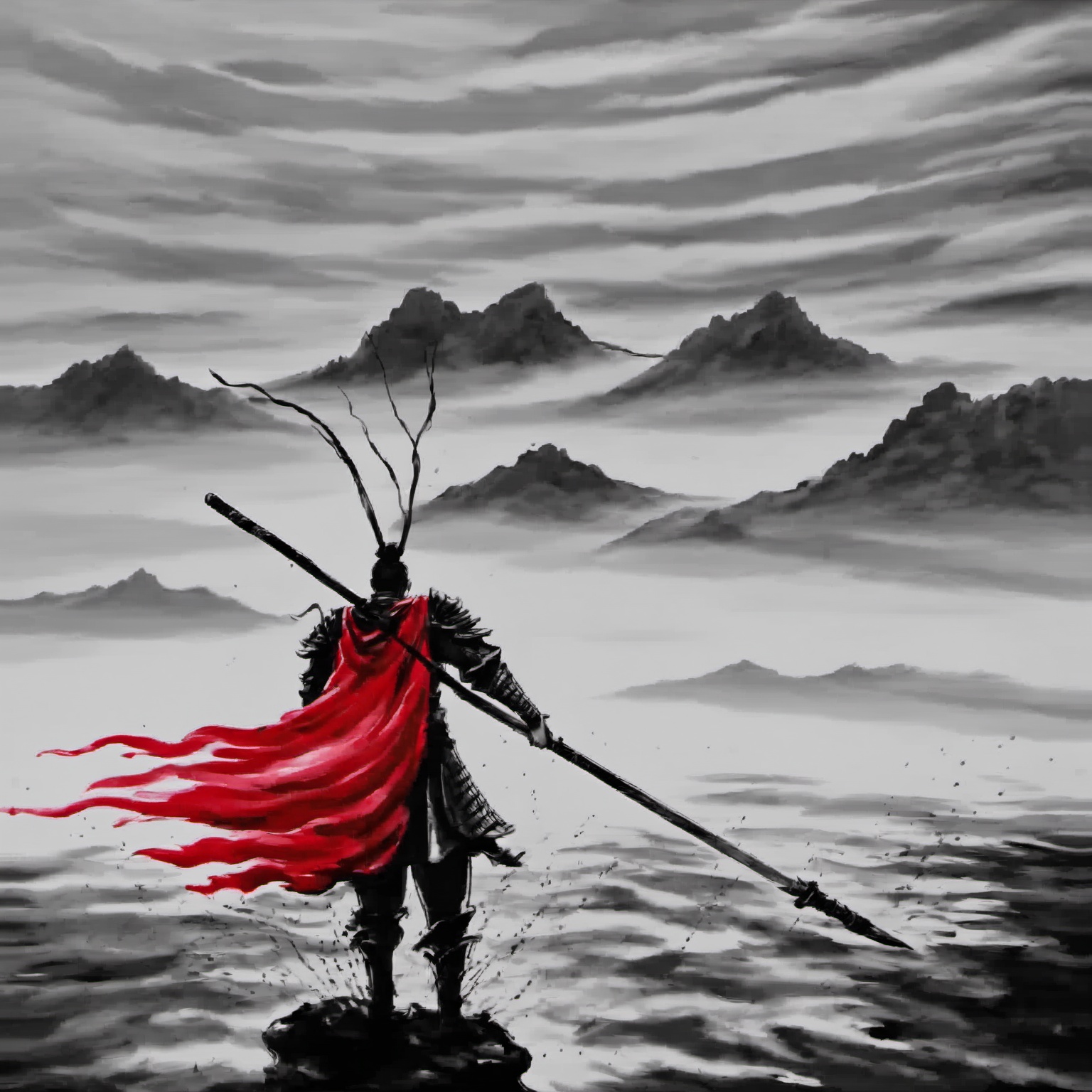 <lora:ink_xiakexing_xl_v1:0.8>,tree,mountains,ink painting,a painting of a man with a sword and a red cape standing in the water with a cloudy sky behind him,solo,1boy,holding,standing,weapon,male focus,from behind,cape,holding weapon,armor,helmet,polearm,spot color,spear,red cape,holding polearm,weapon over shoulder,floating cape,sword,katana,