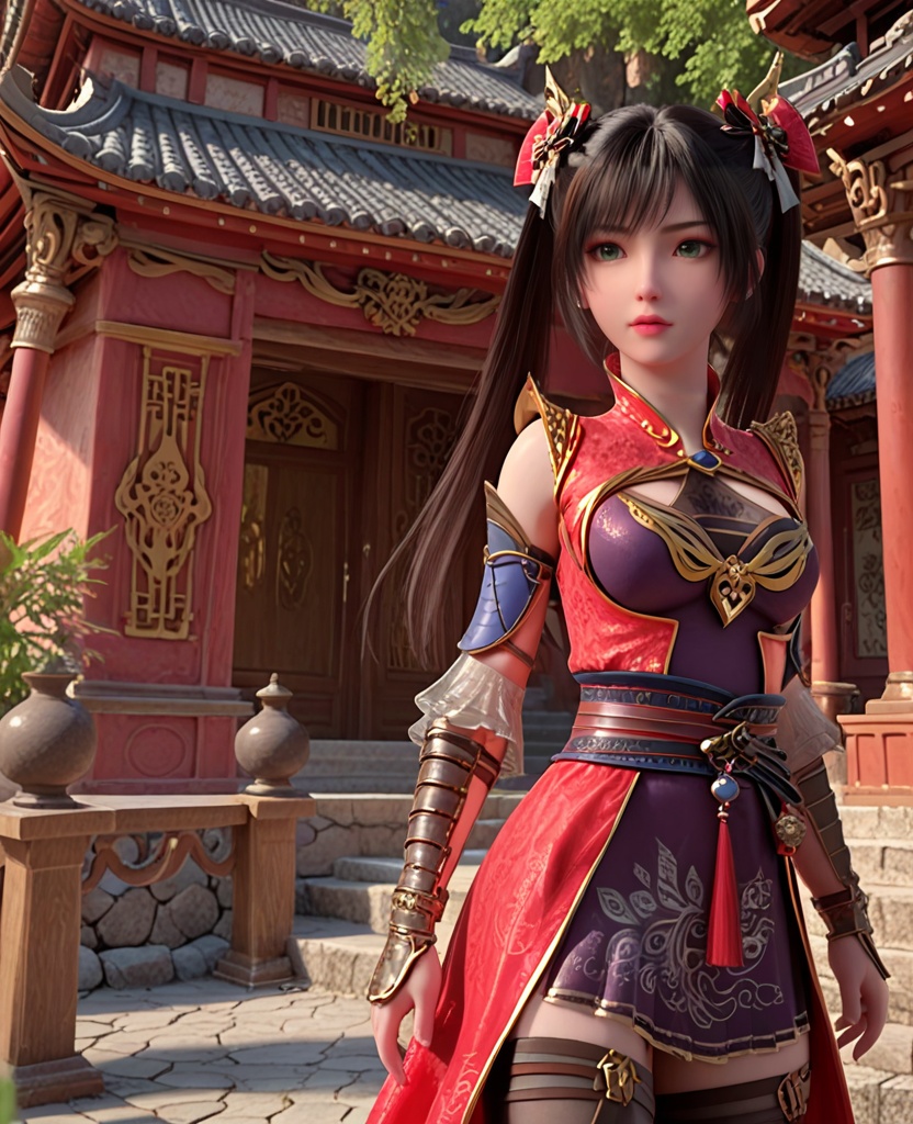 (oriental architecture, elegant decor, sophisticated style:1.1),(looking over her shoulder:1.1),(breasts:1.2),<lora:XL神墓楚钰黑丝:0.95>,miss chuyu,red outer robe,purple minidress,sash,green eyes,black hair,twintails,long hair,black thighhighs,bangs,earrings,jewelry,vambraces,bracer,, score_9,score_8_up,score_7_up,score_6_up,score_5_up,score_4_up,3d rendering,tag1,tag2, Cinematic Lighting,backlighting,