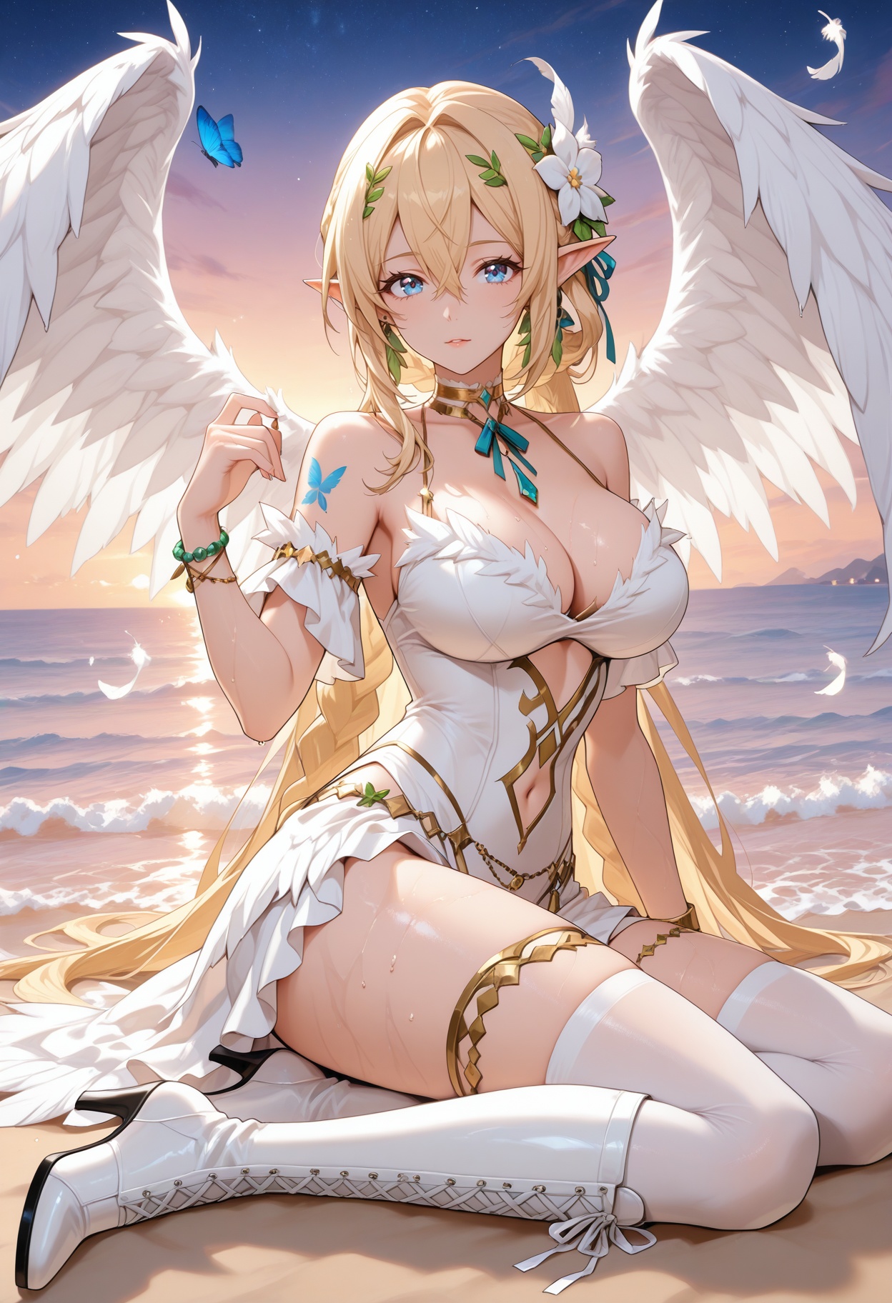 self_fondle,solo,beach,ocean,butterfly_tattoo,collarbonea,soxy,wet body,the body has water,leg chain,chest chain,belly chain,animal collar,waves,gradient_sky,starry_sky,dusk,in summer,<lora:卡雅:1>,kaya,1girl,long hair,bangs,blue eyes,blonde hair,hair ornament,ribbon,between eyes,jewelry,earrings,pointy ears,elf,cleavage,very long hair,braid,flower,choker,anklet,<lora:浮光絮语:1>,fgxy,thighhighs,dress,angel wings,feathered wings,wings,bare shoulders,high heels,feathers,jewelry,white thighhighs,choker,bracelet,boots,white dress,white footwear,knee boots,cross-laced footwear,