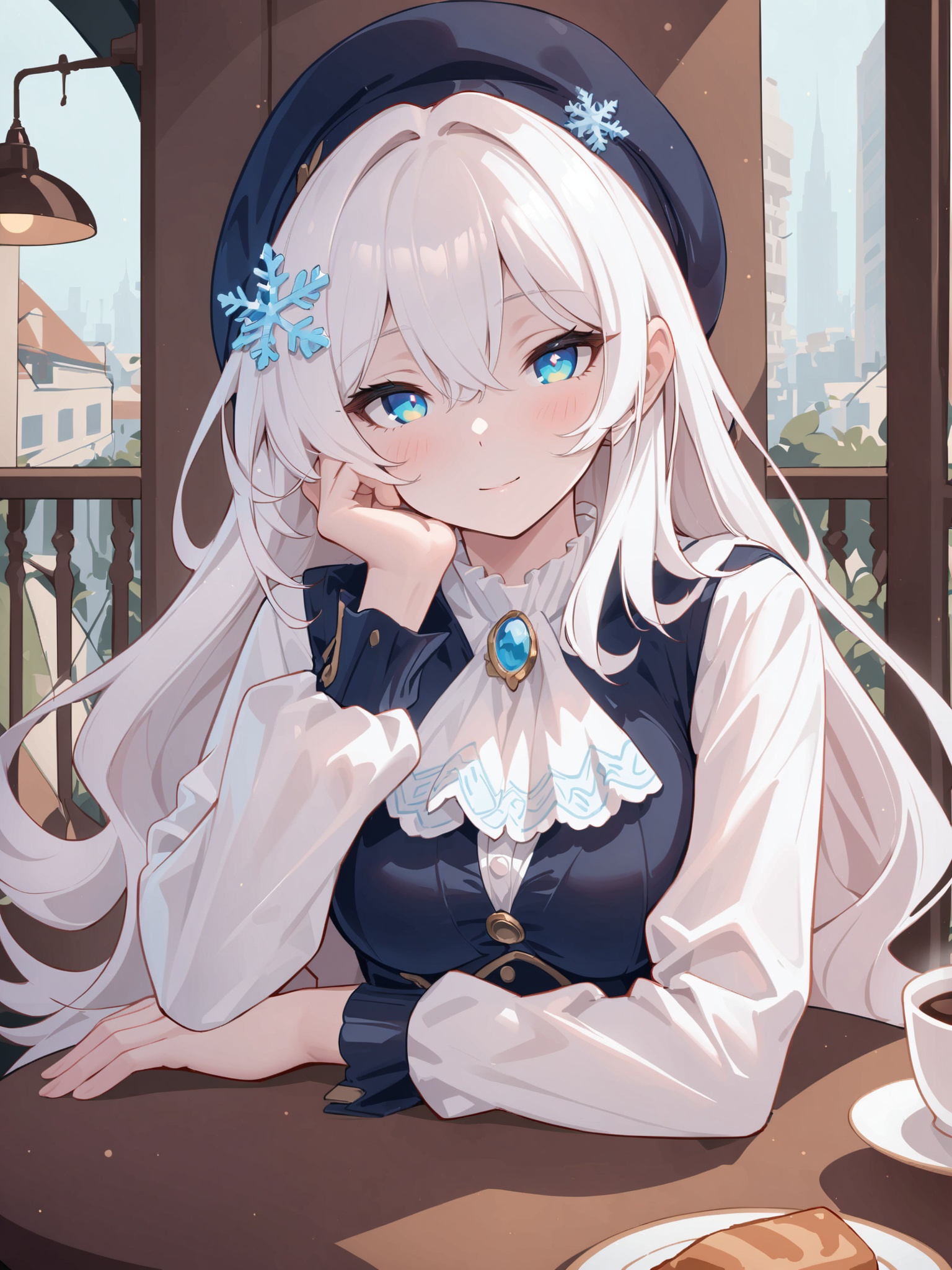 line art,line style,cityscape,table,cafe,depth of field,1girl,solo,blue eyes,white hair,long hair,hair between eyes,medium breasts,frilled shirt,waist coat,ascot,long sleeves,beret,brooch,snowflake hair ornament,(upper body),light smile,light blush,half-closed eyes,looking at viewer,pov,close-up,baverage,head rest,masterpiece,bestquality,onnk,