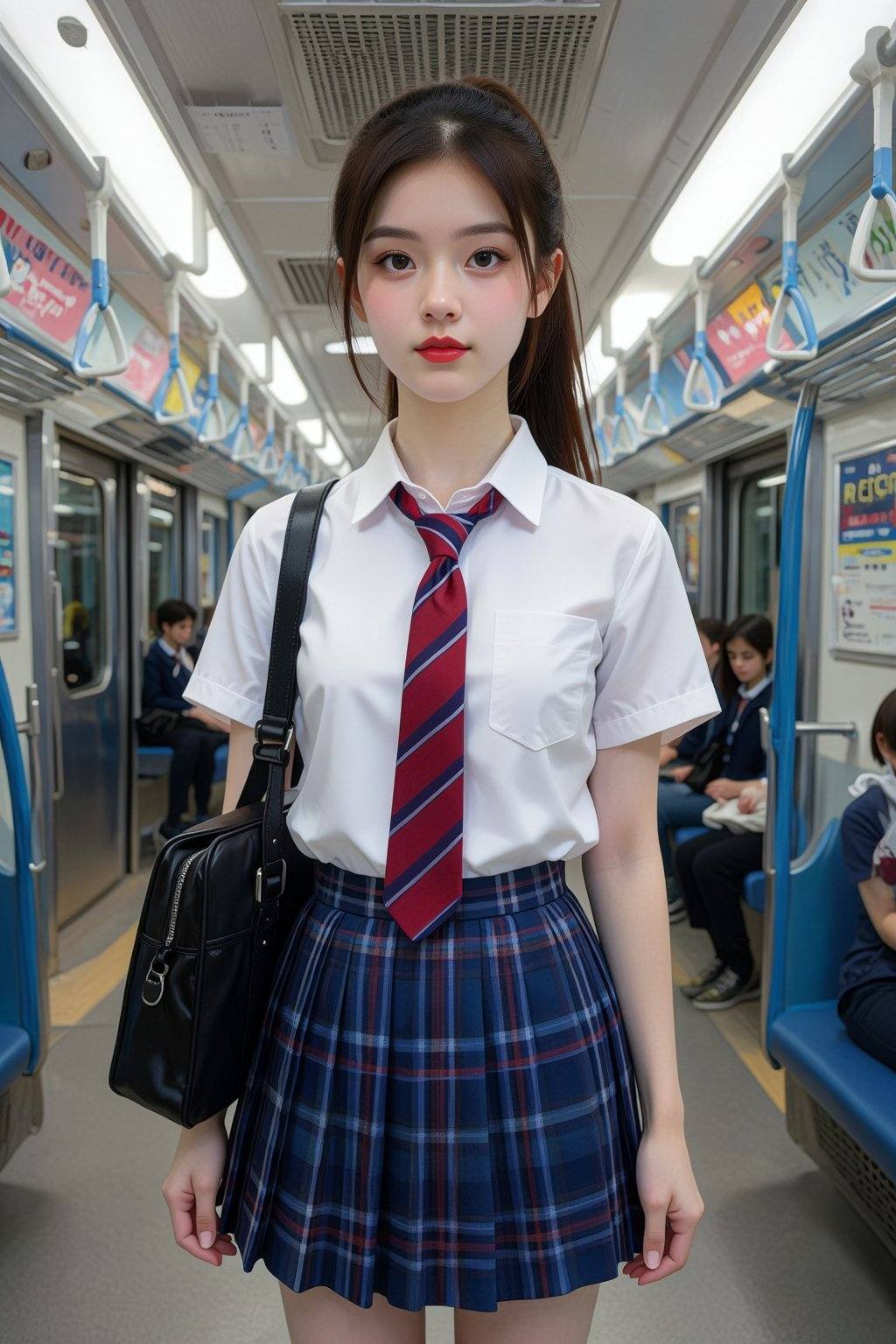 This is a high-resolution photograph taken inside a subway train. The subject is a young Asian woman with a fair complexio...