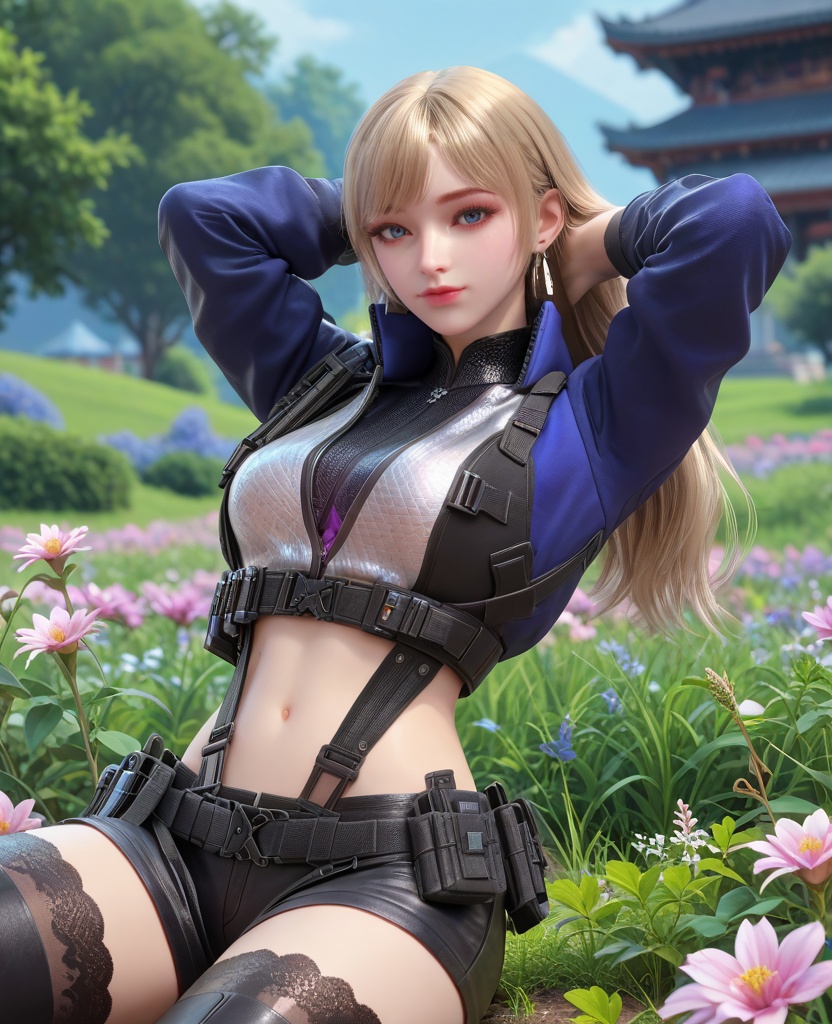 (oriental architecture, elegant decor, sophisticated style:1.1),(Lying on a field of flowers, hands intertwined behind the head, feeling relaxed,:1.1),(breasts:1.2),<lora:XL16穿越火线岚兮儿保卫者:0.95>,miss lanxier,blue cropped jacket with tactical reflective patches,blue eyes,blonde hair,long hair,earrings,suspenders,black gloves,black shorts,midriff,black thighhighs,black thigh boots,, score_9,score_8_up,score_7_up,score_6_up,score_5_up,score_4_up,3d rendering,tag1,tag2, Cinematic Lighting,backlighting,, zPDXL3, zPDXL2,zPDXL, zPDXLxxx, zPDXLrl,