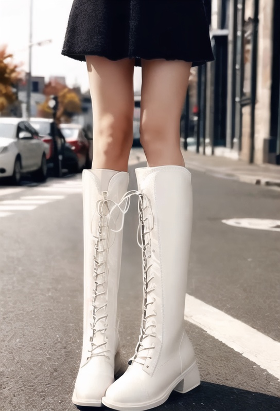 1girl, kneehigh boots,((white boots)),outdoors, city, street,square,standing,miniskirt,sweater,autumn,<lora:kneehighboots:0.9>