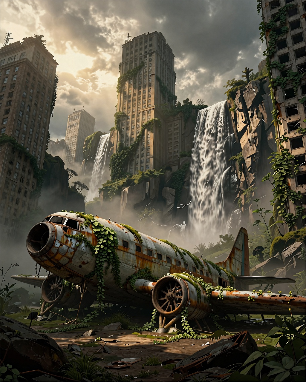A cinematic digital painting in a post-apocalyptic fantasy style depicting a ruined urban landscape overtaken by nature. T...