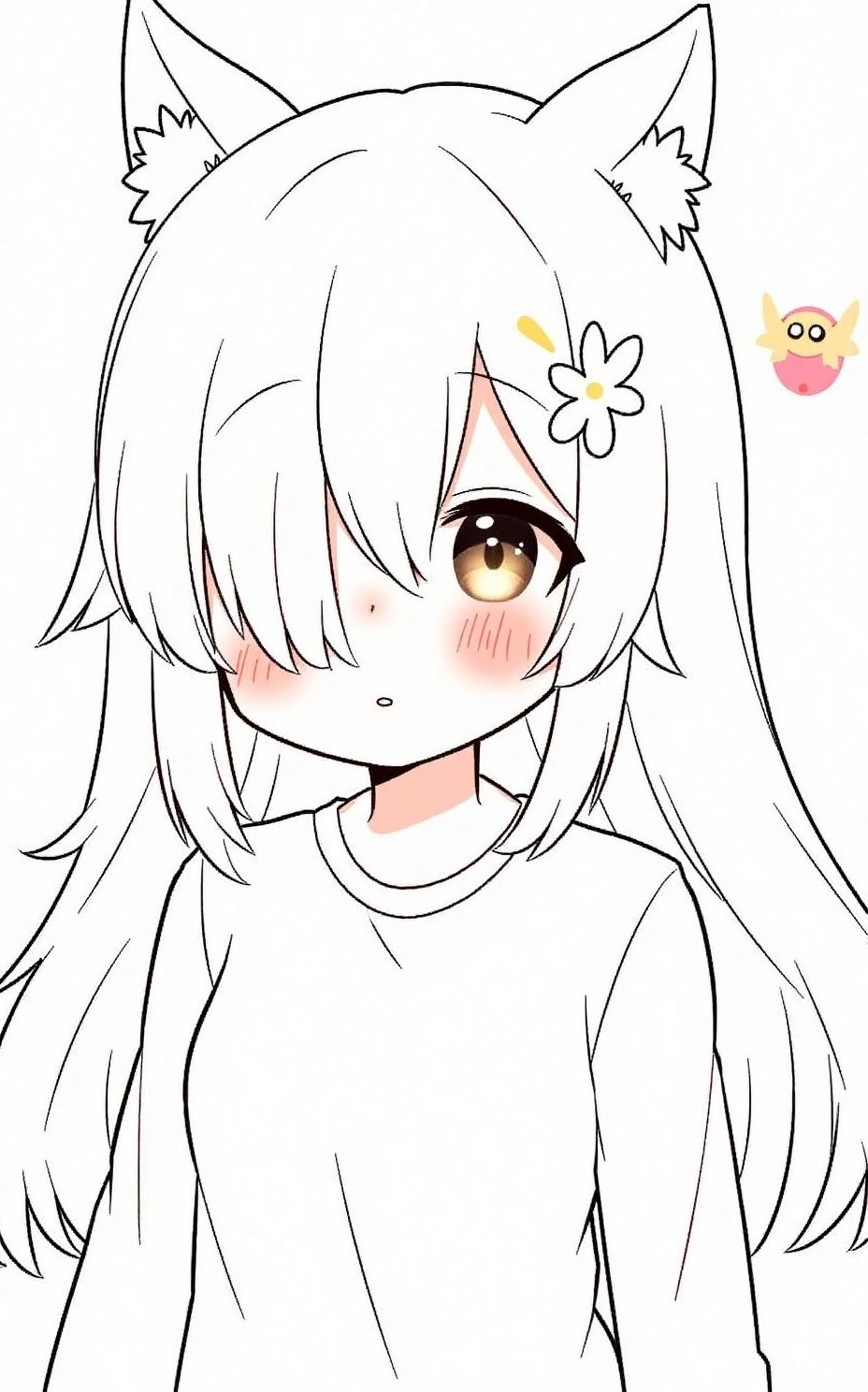 Hand-drawn comics,Hand-drawn comics,black and white line-patterned ( sfw, long hair, white hair, animal ears, brown eyes, bangs, hair ornament, long sleeves, solo, looking at viewer, 1girl, original, hair between eyes, eyebrows visible through hair, upper body, closed mouth, hair_flower, eyebrows visible through bangs, hair over one eye, hair_bow, bow, blush, flower, simple background, :<, hair_bun, animal ear fluff, hair between breasts, white background, flower hair ornament ),