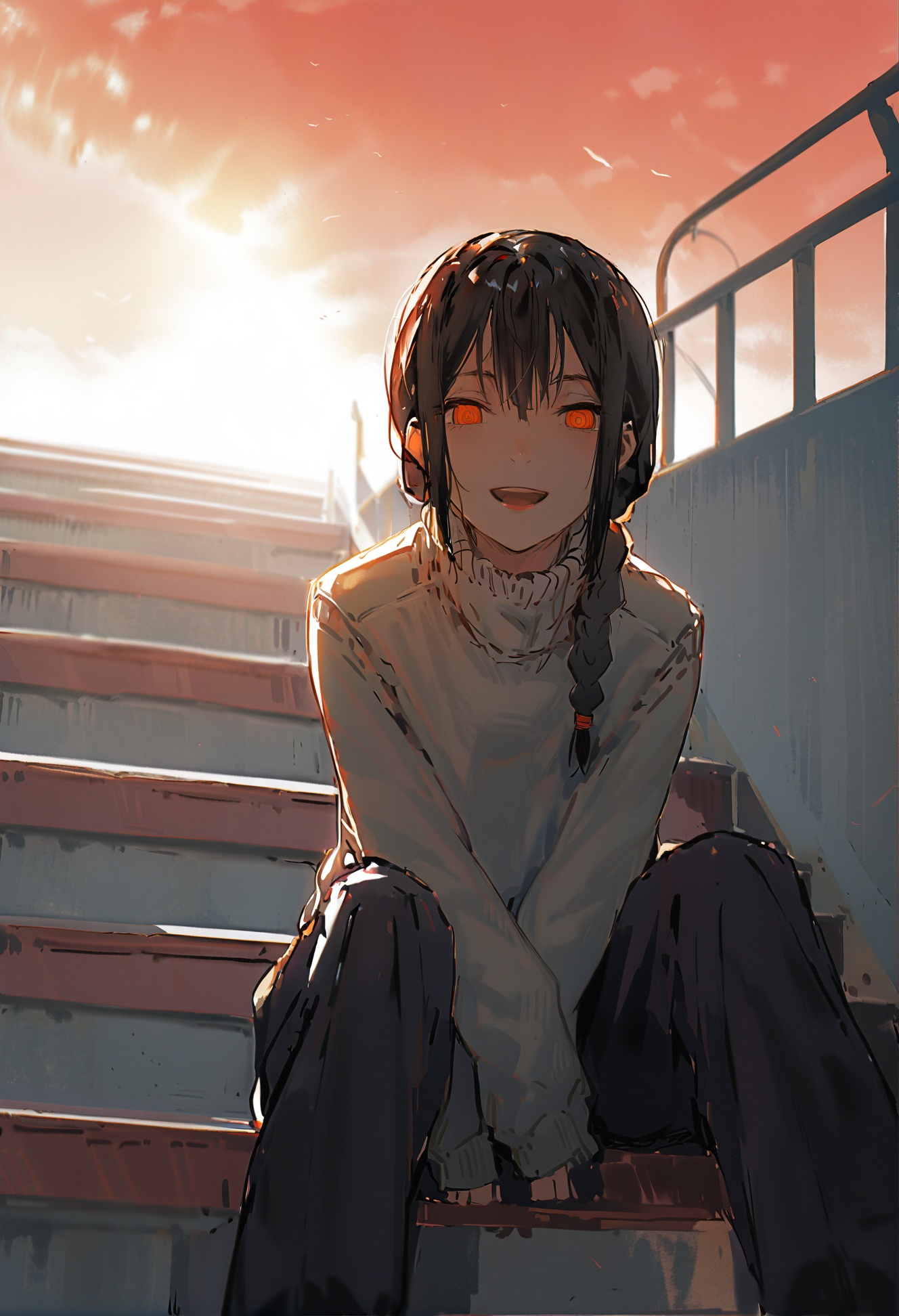 masterpiece, best quality,1girl, makima \(chainsaw man\),  solo, ringed eyes, braid, looking at viewer, sweater, sitting, stairs, black hair, braided ponytail, pants, black pants, red eyes, long hair, evening, sunset, outdoors, sitting on stairs, sidelocks, turtleneck, sky, white sweater, hair over shoulder, turtleneck sweater, medium hair, hand between legs, pantyhose, hair over one eye, hand collar, open mouth, smile, on stairs, muted color, gradient sky, hair behind ear, yellow sky, straight-on, chain, blue sky, railing, feet out of frame, single braid <lora:DInoballXLlokr8f-000185:0.95>