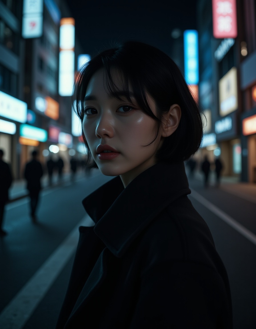(photorealistic:1.28),A cinematic photography style image with a 2:3 ratio. An Asian woman,in her twenties,is donned in a black windcoat on a bustling metropolitan street at night. The atmosphere is perilous and taut. High-contrast shadows bestow a mysterious allure. Her expression is fraught with nervousness,and her short black hair is somewhat tousled. Her pale lips tremble slightly. The street lights cast elongated,ghostly shadows. The details are ultra-high,and the resolution is razor-sharp. The composition is a tunnel,highlighting the profound depth and narrow confinement of the street,collarbone,smile,