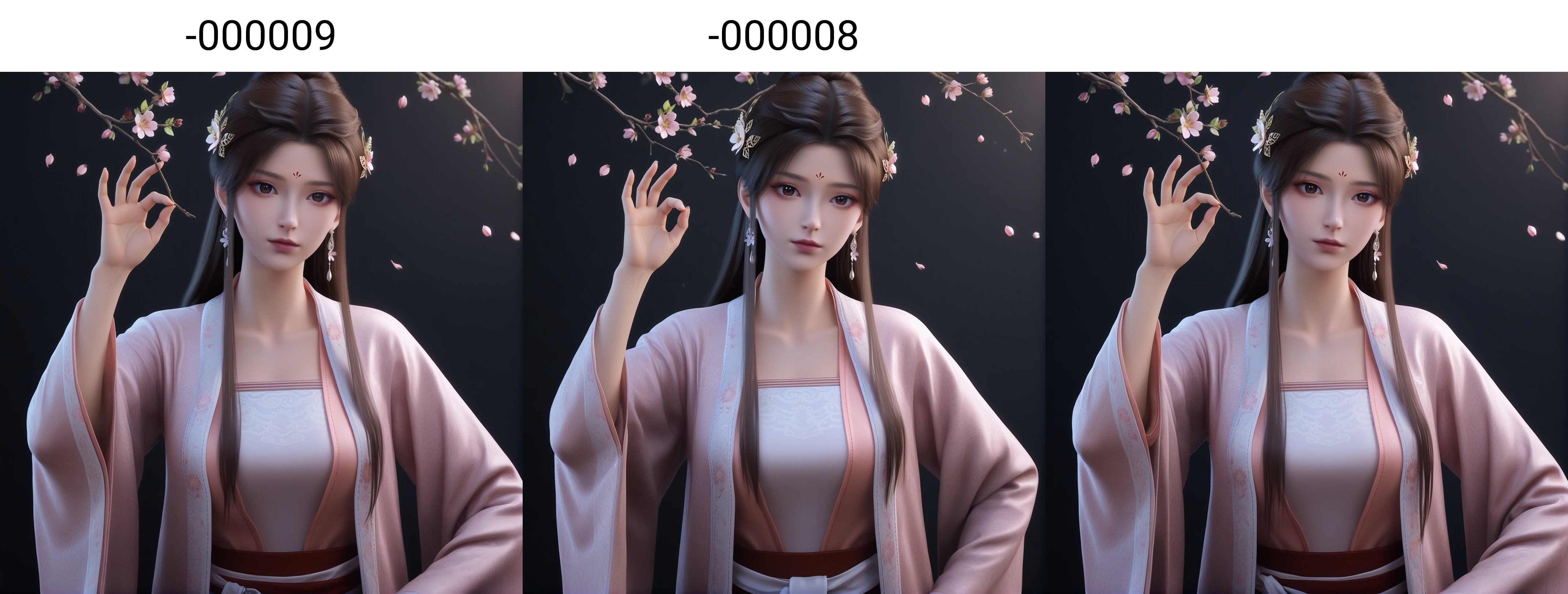 masterpiece,best quality,absurdres,highres,(glamor:1.1),(slender:1.1),skinny,<lora:苏檀儿-ill-000009:0.83>,1girl,solo,flower hair accessory,hair flower,hair ornament,long hair,half-up bun,dark brown hair,jewelry,earrings,forehead mark,brown eyes,pupils,dilated_pupils,brown_pupils,silk robe,pink robe,layered outfit,beizi,ru top,waist sash,pink,collarbone,large breasts,sutaner,looking at viewer,(front view),(ok_sign),BREAK(white_skin:1.1),(fair_skin:1.1),realistic,twig,branch,falling petals,simple background,black background,rim light,Volumetric Lighting,lens flare,Tyndall effect,depth of field,bokeh,sparkle,