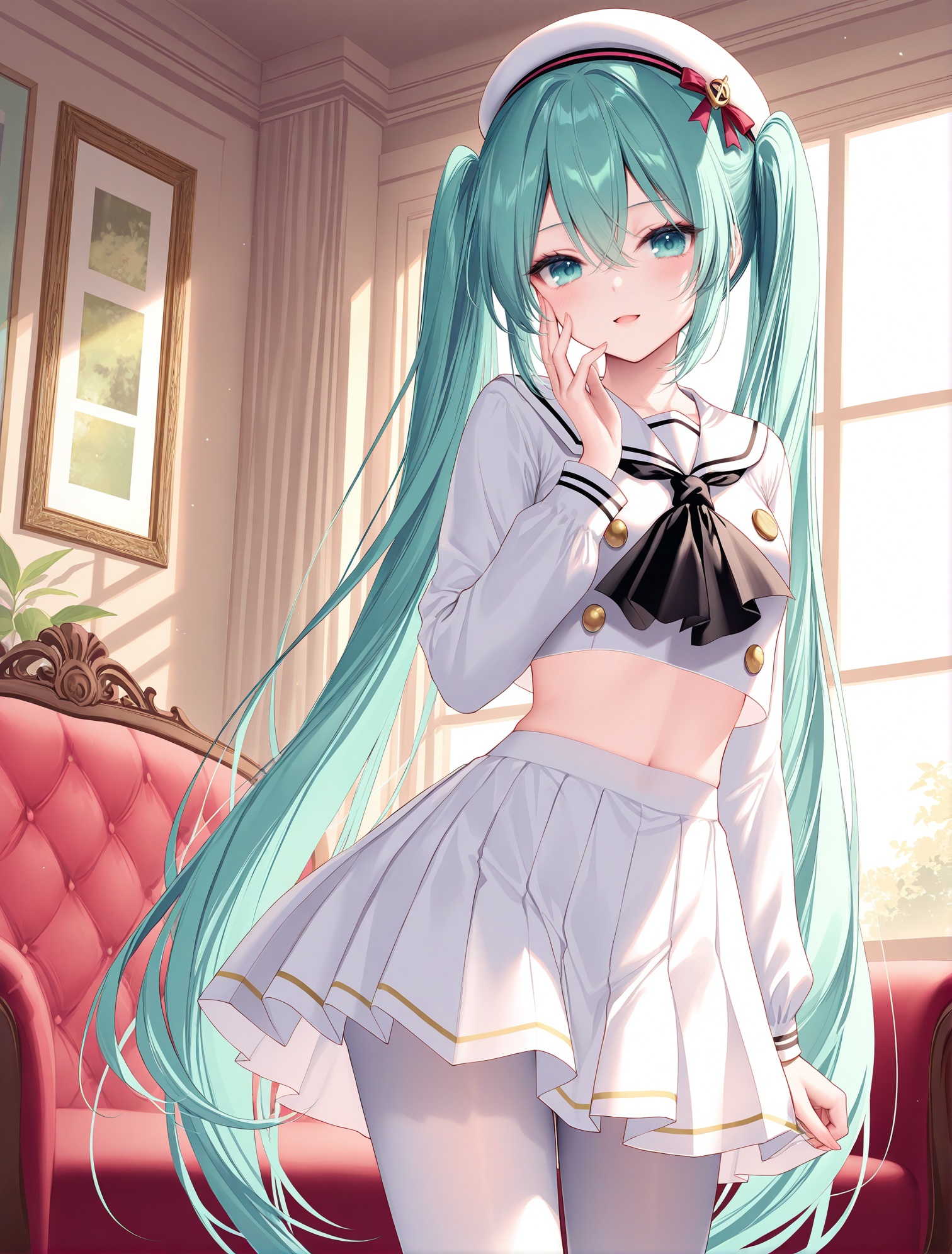 masterpiece, best quality, newest, absurdres, highres,(toosaka asagi: 0.5),(hiten \(hitenkei\):0.4),(rimuu:0.5),(mignon:0.5),(sheya:0.6),light smile,open mouth,   janus(school),,school uniform, white serafuku,  white skirt, crop top, long sleeves,beret,neckerchief,white pantyhose, 1girl,hatsune miku, indoors,standing,hand to face,window,couch,<lora:Janus(Uniform)XLNAI:1>