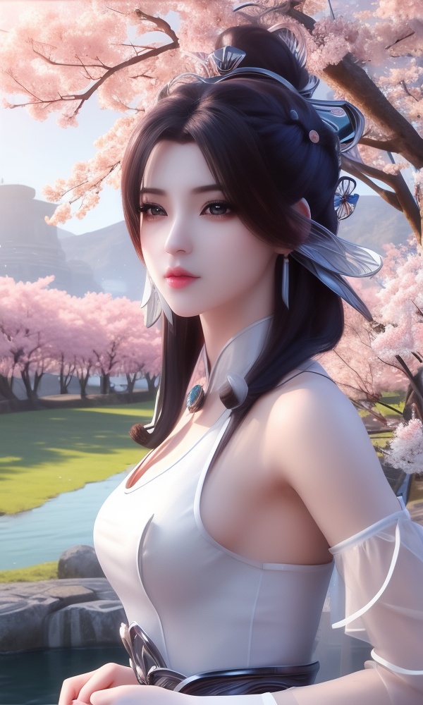 (,1girl, ,best quality, ),looking at viewer, <lora:403-DA-武动乾坤-绫清竹-新模V2:0.8> ultra detailed background,ultra realistic 8k cg,ultra detailed 8k cg,masterpiece,upper body,  (( , )),, ,science fiction,mole, ultra realistic 8k cg, ,tamari \(flawless\),   ,outdoors, sun,sunlight, cherry blossoms,      (()), (), 