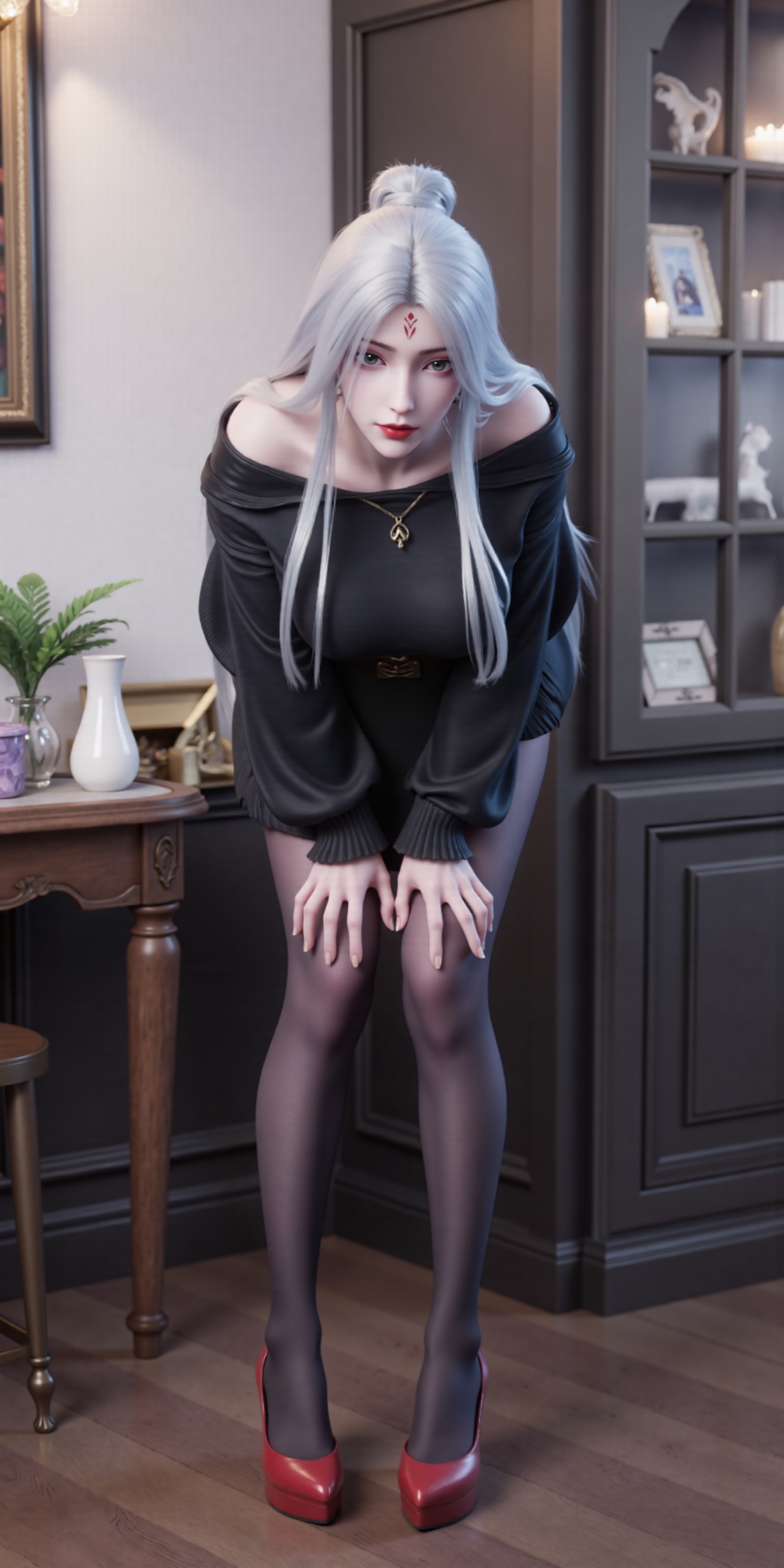 xiaobai,solo,pantyhose,sweater,white hair,long hair,black sweater,blurry background,blurry,indoors,realistic,off shoulder,I'm standing.standing,bare shoulders,dress,sweater dress,artist name,off-shoulder sweater,long sleeves,sleeves past wrists,picture frame,hair bun,table,depth of field,Lean forward,bend,support your hands,Red high heeled sandals,leaning_forward,arched_back,bowing,1girl,front view,looking_at_viewer,eye-contact,stare,Hands supported in the knees,Red high heels,Red high heels,full-body,forehead_mark,heart-shaped_pupils,