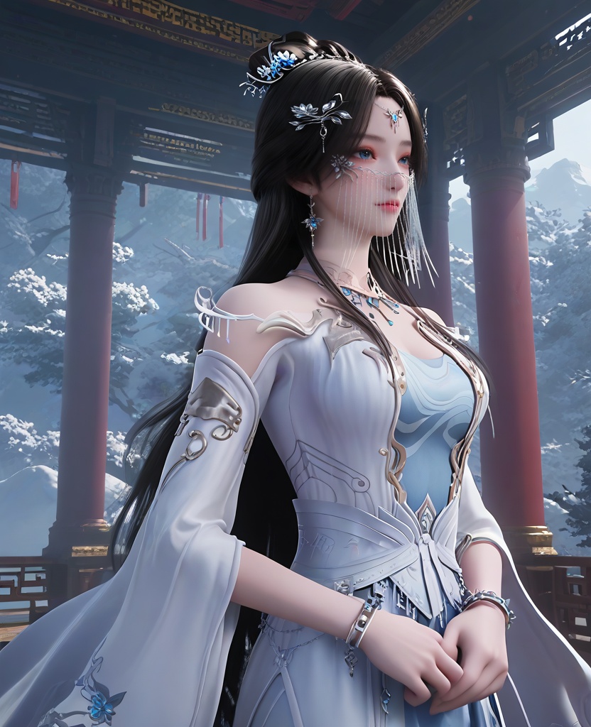 (oriental architecture, elegant decor, sophisticated style:1.1),(painting:1.1),(breasts:1.2),<lora:XL16遮天安妙依:0.95>,miss anmiaoyi,white sheer fabric dress,light blue camisole,blue eyes,chain drop veil,forehead pendan,black hair,traditional chinese updo with long front strands,very long hair,hair ornament,jewelry,sash,light blue petticoat,, score_9,score_8_up,score_7_up,score_6_up,score_5_up,score_4_up,3d rendering,tag1,tag2, Cinematic Lighting,backlighting,