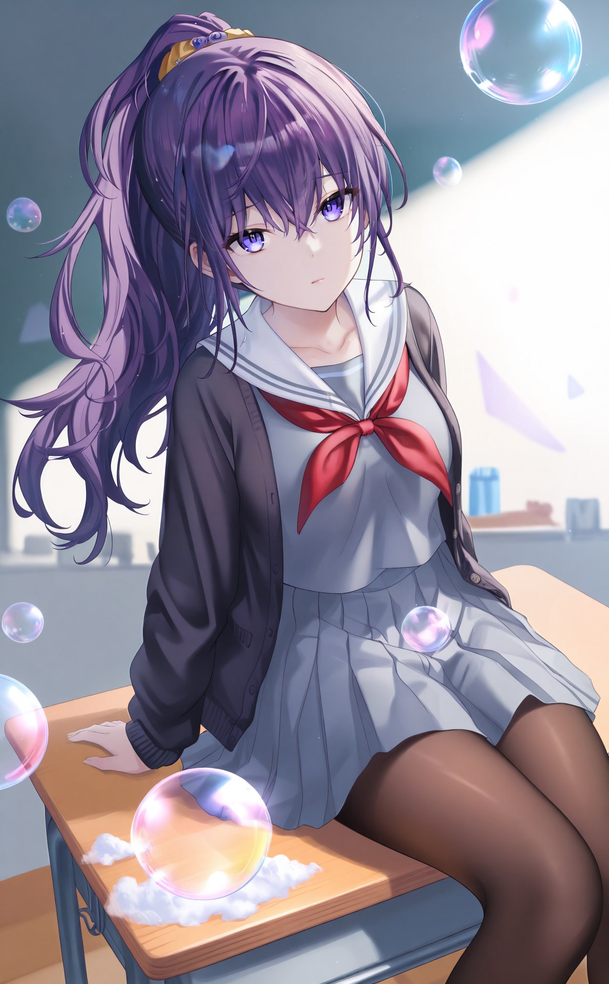 masterpiece,absurdres,best quality,high quality,chromatic_aberration,//,1girl, asahina_mafuyu, solo, miyamasuzaka_girls'_academy_school_uniform, school_uniform, grey_serafuku, neckerchief, pantyhose, purple_hair, skirt, red_neckerchief, sitting, grey_skirt, sailor_collar, bubble, black_cardigan, serafuku, pleated_skirt, cardigan, long_hair, ponytail, shirt, open_cardigan, long_sleeves, sitting_on_desk, holding, desk, closed_mouth, black_pantyhose, high_ponytail, blue_eyes, on_desk, scrunchie, hair_scrunchie, open_clothes, white_sailor_collar, arm_support, purple_eyes, grey_shirt, looking_at_viewer, expressionless, hair_ornament, school_desk, bubble_blowing, yellow_scrunchie, triangle, hair_between_eyes, brown_pantyhose, collarbone, soap_bubbles//,//,<lora:timmoo——【CKXL】hans:1>,