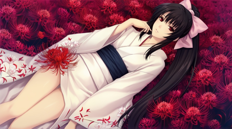 (best quality), ((masterpiece)), (highres), illustration, original, extremely detailed,   <lora:黑暗物语葬の花:0.7>1girl, solo, japanese clothes, flower, kimono, black hair, long hair, spider lily, ponytail, white kimono, ribbon, bow, hair bow