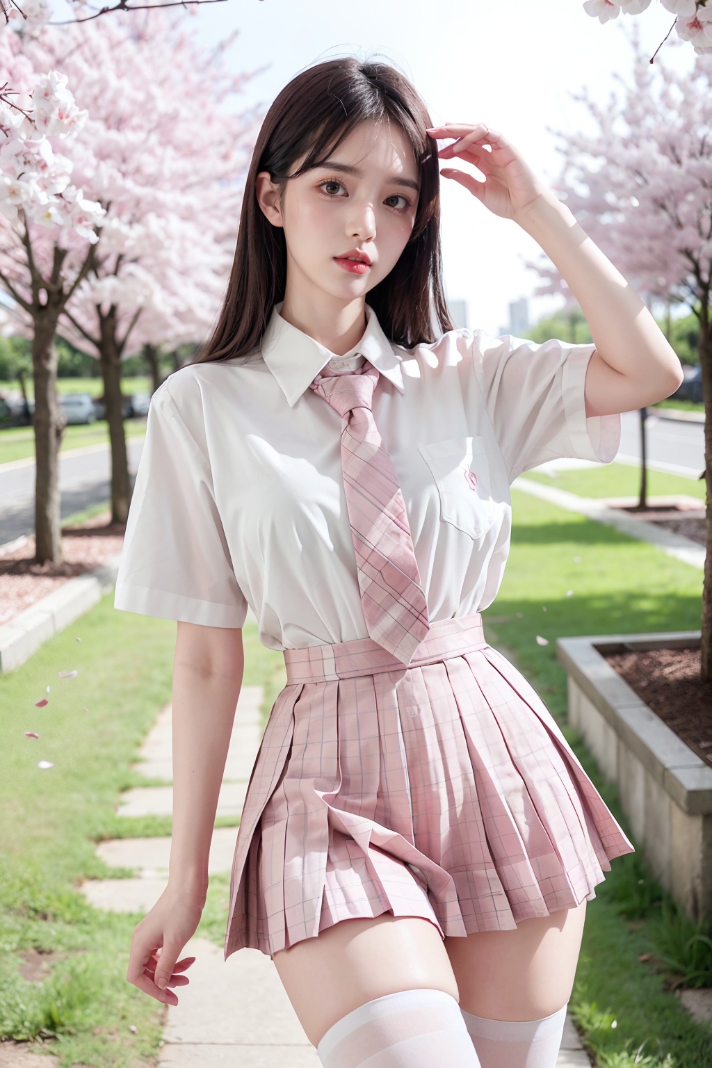 1girl ,upper body,pink plaid skirt, necktie,white short sleeve shirt,white thighhighs ,Cherry trees,outdoors,pink plaid skirt,necktie,white short sleeve shirt,white thighhighs <lora:20231128-1701151196104:0.7>