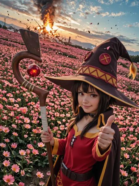 best quality, masterpiece, (dutch angle), upper body, (realistic), from above, from side, BREAK1girl, ((Megumin), Kono Subarashii Sekai ni Shukufuku wo!, >:), smug, thumbs up, mage staff, holding staff, looking at viewer, cape, hat, (posing:1)), BREAKoutdoors, clear sky, blue sky, atmospheric haze, wind, flower field, sunrise, petals, explosion background, explosion