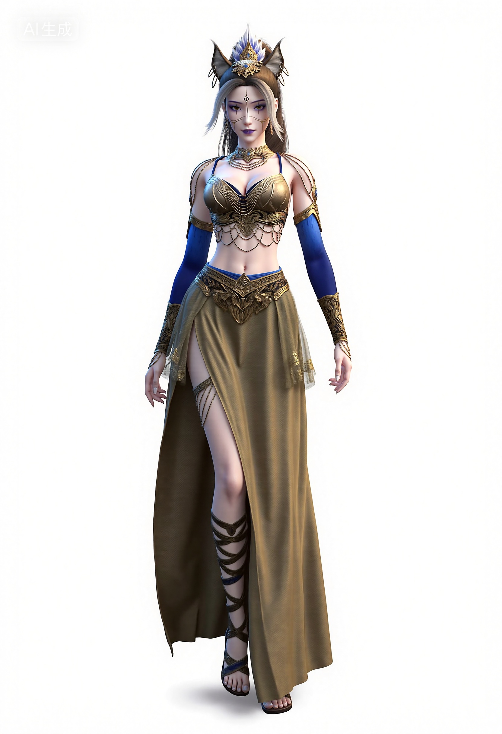 FengYu,front view,eye-contact,, fox ears,ornate gold crown with blue gem and white feathers,amber eyes,purple eyeshadow,gold facial markings on forehead and cheeks,long dark brown hair with white highlights,high ponytail,, gold and blue bra top with intricate designs,blue long sleeves with gold arm guards,sheer gold skirt with geometric patterns,multi-layered gold necklace,metal collar,gold earrings,, wearing blue and brown sandals,, standing,skirt_lift,(dress_lift:1.1),white background,, Negative prompt: thigh strap,, ng_deepnegative_v1_75t,(badhandv4:1.2),EasyNegative,(worst quality:2),,nsfw, Steps: 30, Sampler: Euler, CFG scale: 3.5, Seed: 1358228005, Size: 832x1216, Model hash: 0734f0ab2a, Model: F.1 模型下载版-黑暗森林工作室_fp16.sft, Denoising strength: 0.4, RNG: CPU, Lora 1: 20251122-1763819225967-0010, Lora Hash 1: 2e6eaffda7, Lora Weight 1: 0.8, vae_name: automatic, Hires resize: 1664x2432, Hires steps: 30, Hires upscaler: 8x-NMKD-Superscale