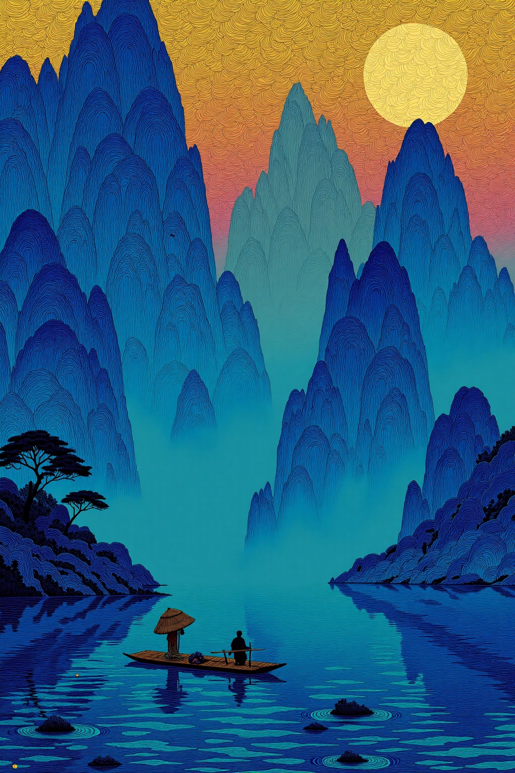 beijihui,a lone fisherman on a bamboo raft under the moonlight, mountains looming in fog, tranquil ink painting style