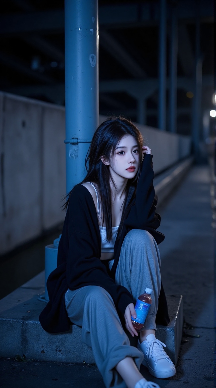 beauty,Dark Goddess,sad,This photo shows a young Asian woman sitting on a concrete sidewalk next to a metal pole, possibly on a bridge or elevated sidewalk. This photo was taken in a melancholic twilight environment, with a cool blue tone in the scene that suggests early morning or evening. This lady has a slim figure and is wearing casual and relaxing clothing: a black cardigan on a white vest and high waisted loose grey pants. She was wearing slightly glossy white sneakers, her hair was casual and slightly messy, with dark brown strands hanging down on her face.Her expression was contemplative, her head tilted slightly to one side, and her eyes looked down. She held a small blue plastic bottle in her right hand and placed it on her lap. The background shows a dimly lit city street, with a concrete barrier on the left and a dark reflective road on the right, suggesting a busy urban environment. The overall mood of the photo is introspective and melancholic, with cool lighting and soft colors enhancing the gloomy atmosphere.