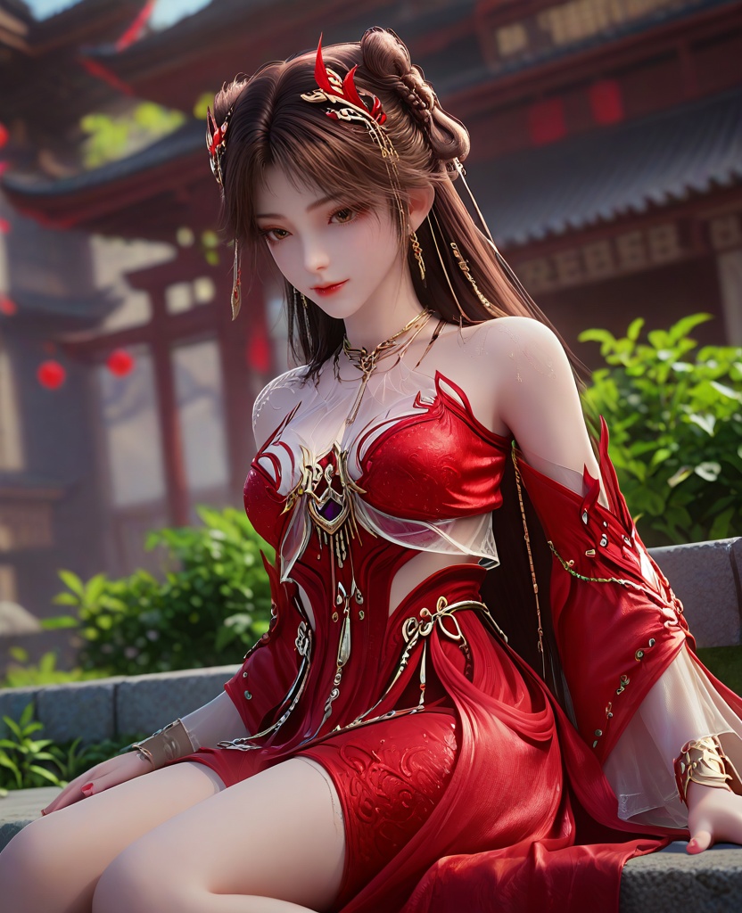 (oriental architecture, elegant decor, sophisticated style:1.1),Sitting with poise, shoulders back and head held high, she exudes authority and grace, a true vision of royalty,(breasts:1.2),<lora:XL16完美世界火灵儿天神境:0.95>,miss huolinger,solo,red dress,brown eyes,brown hair,absurdly long hair,double bun,hair ornament,jewelry,detached sleeves,bracelet,, zPDXL2, score_9, score_8_up, score_7_up BREAK realistic, masterpiece,best quality, highly detailed,, zPDXL3, zPDXL2,zPDXL, zPDXLxxx, zPDXLrl,