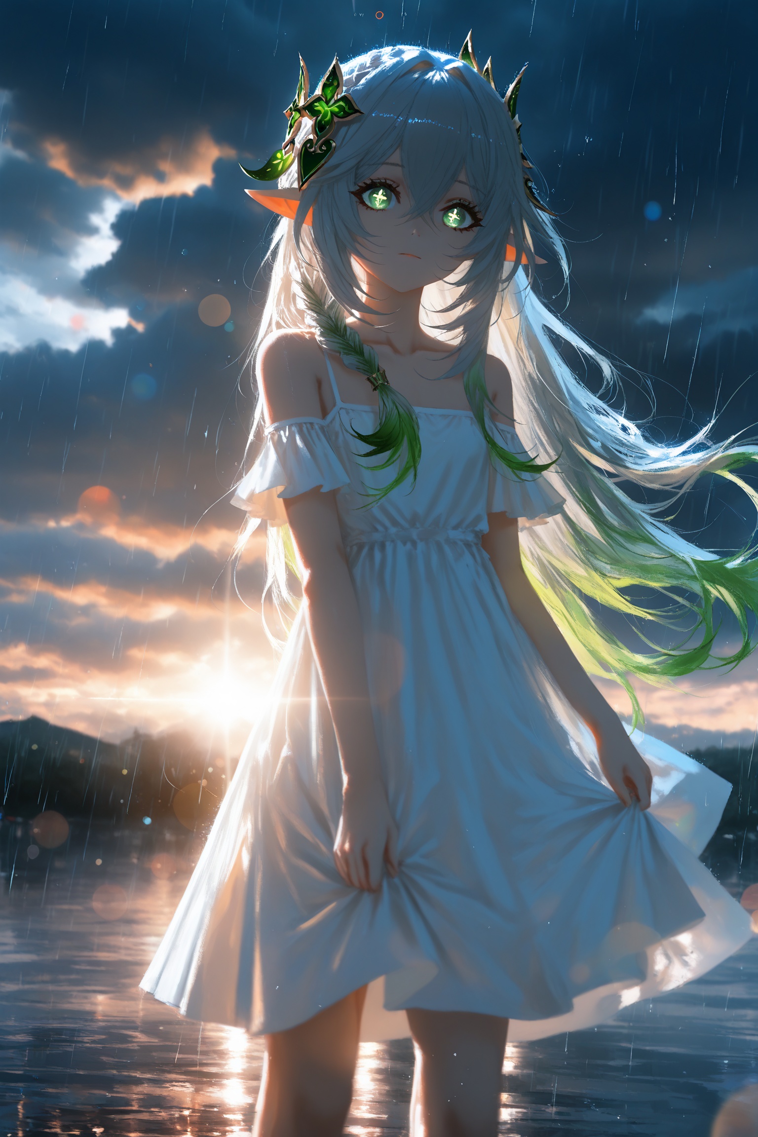 masterpiece,best quality,amazing quality,very aesthetic,absurdres,newest,highres,1girl,solo,long hair,looking at viewer,bangs,hair ornament,dress,hair between eyes,bare shoulders,green eyes,collarbone,braid,grey hair,sidelocks,multicolored hair,outdoors,green hair,sky,alternate costume,pointy ears,cloud,white dress,blurry,symbol-shaped pupils,gradient hair,alternate hairstyle,cloudy sky,rain,hair down,nahida \(genshin impact\),backlighting,blue and white theme,depth of field,cinematic lighting,light particles,lens flare,(artist:quasarcake:0.8),extreme aesthetic,(wlop:0.6),aesthetic,Emotionalization,temperate atmosphere,in the style of fashion photography,(Visual impact:1.2),giving the poster a dynamic and visually striking appearance,impactful picture,colorful,splash of color,movie perspective,