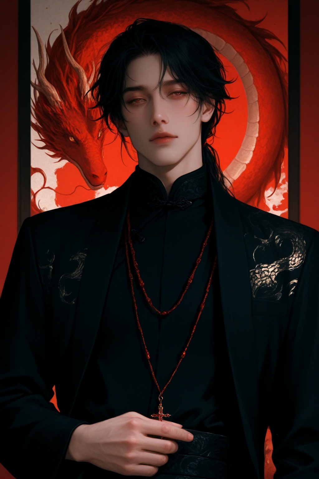(A MALE ! AGAIN ! ALONE ! SINGLE AGAIN) modern ,  a Chinese man ,  black outfit with red dragon pattern on Tensor.Art