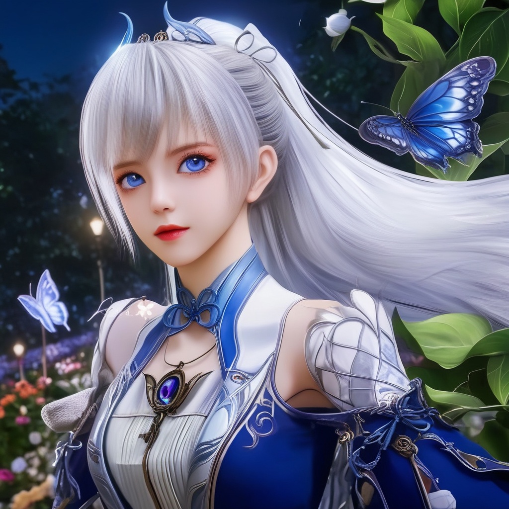 <lora:849-DA-XL-斗罗大陆-唐雅:0.8>, (masterpiece),(best quality),night,glowing eyes,gothic,long dress, 1 girl, solo, long white hair, blue eyes, detailed eyes, blink and youll miss it detail,butterfly, flower garden, high quality, floral background, very detailed,off shoulde
