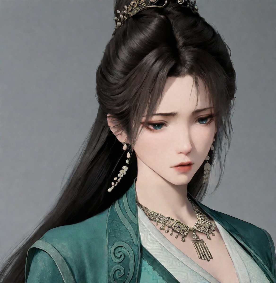 ((very awa)),(solo),highly detailed,(best quality),((masterpiece)),1girl,<lora:手绘画风正则noobxl:0.4>,spot color,shouhui,lineart,ge,flat color,upper_body,<lora:鸽天尊画风正则92noobxl:0.7>,<lora:慕沛灵92noobxl-000015:0.8>,mupeiling,long hair,black hair,jewelry,earrings,necklace,hair ornament,