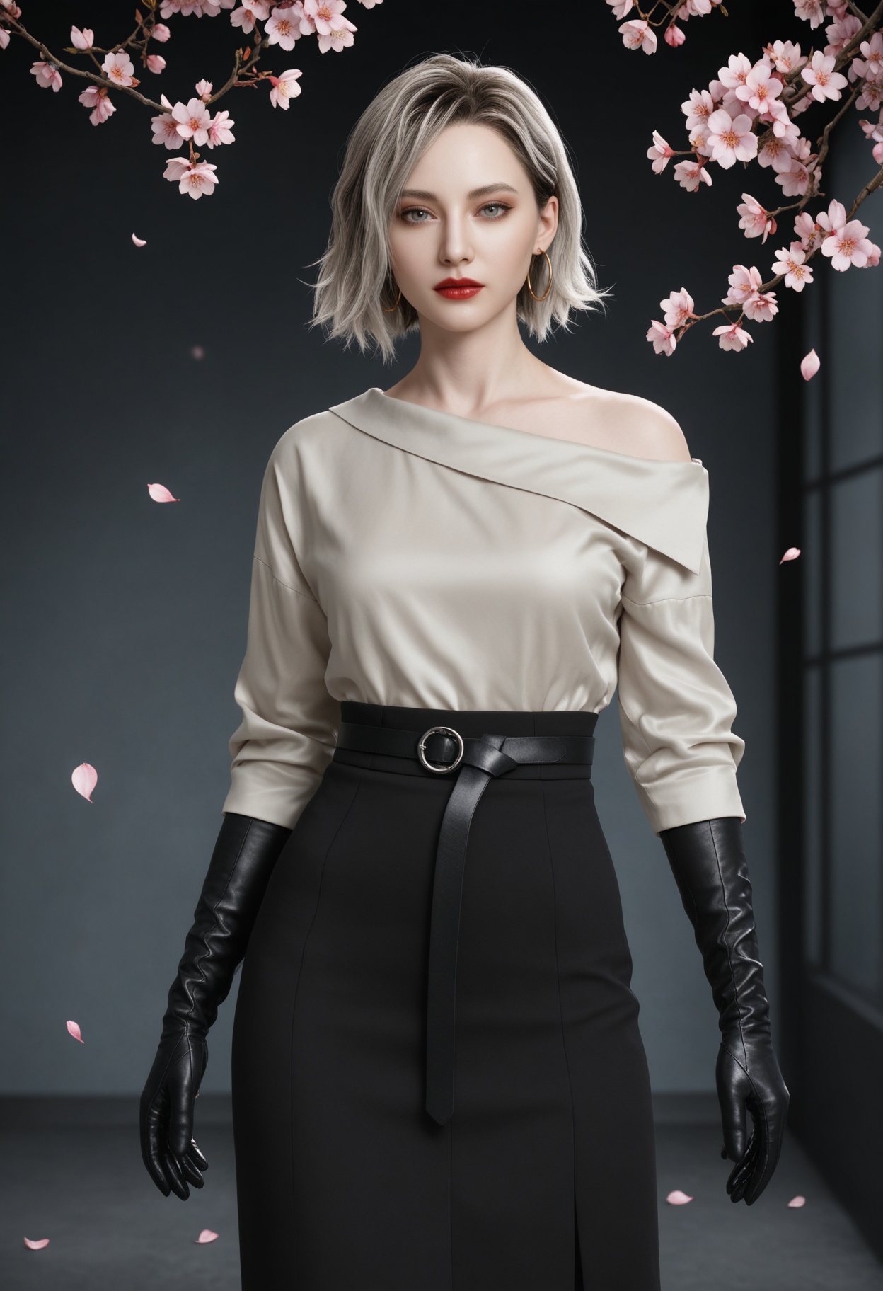 (cowboy shot:1.2),(looking at viewer:1.1),masterpiece,(best quality),smog,Dark room,dim lighting,peach blossom,falling petals,<lora:YQ_Illustrious光辉v5_格蕾丝_V1:0.8>,q1528437228,solo,1girl,short hair,shirt,earrings,jewelry,blonde hair,gloves,black gloves,white shirt,grey eyes,hoop earrings,skirt,grey hair,red lips,black skirt,belt,long sleeves,long skirt,brown eyes,pants,black footwear,black hair,boots,elbow gloves,lipstick,blue eyes,multicolored hair,off-shoulder shirt,