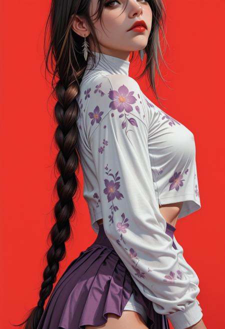 1girl, detailed eyes, (pretty face), (detailed face), (slender, lean, fit, athletic:2), rating_explicit, rating_nsfw, (sexy), defined midriff, skindentations, medium breasts, (perfect body:2), photo-realistic, realistic skin, realistic textures, detailed skin, photorealistic, ultrarealistic, 8k, impossible clothing, hypersexualized, mature themes, inappropriate content, vulgar, obscene, nsfw, explicit, ***** content, erotic, suggestive, intimate, provocative, A digital illustration shoot from a profile camera angle about a  woman with long dark hair styled in a side braid, wearing a light blue cropped shirt and a short purple skirt with floral patterns, standing against a solid red background. on the middle of the image, a 20-year-old woman with light skin appears to be facing the viewer, with her eyes looking directly at the viewer. she has a serious expression and is wearing a pair of earrings. her long, dark brown hair is braided and falls over her shoulder. she is standing with one hand on her hip and the other resting on her thigh. the woman has a slender physique and medium-sized breasts. the image has a soft, painterly style with a focus on the woman's face and upper body. 1girl, solo, long hair, red background, skirt, rating:sensitive, jewelry, earrings, braid, looking at viewer, simple background, long sleeves, breasts, shirt, white shirt, very long hair, hair between eyes, purple skirt, braided ponytail, underwear, lips, crop top, panties, cowboy shot, brown eyes, from side, pleated skirt, single braid, closed mouth, red lips, brown hair, midriff, score_9, score_8_up, score_7_up, <lora:Sinozick_style:0.8> Sinozick_illu,gradient,spot color,  <lora:r-hrtdrp:.5>,  <lora:DetailerILv2:.5>, Jeddtl02