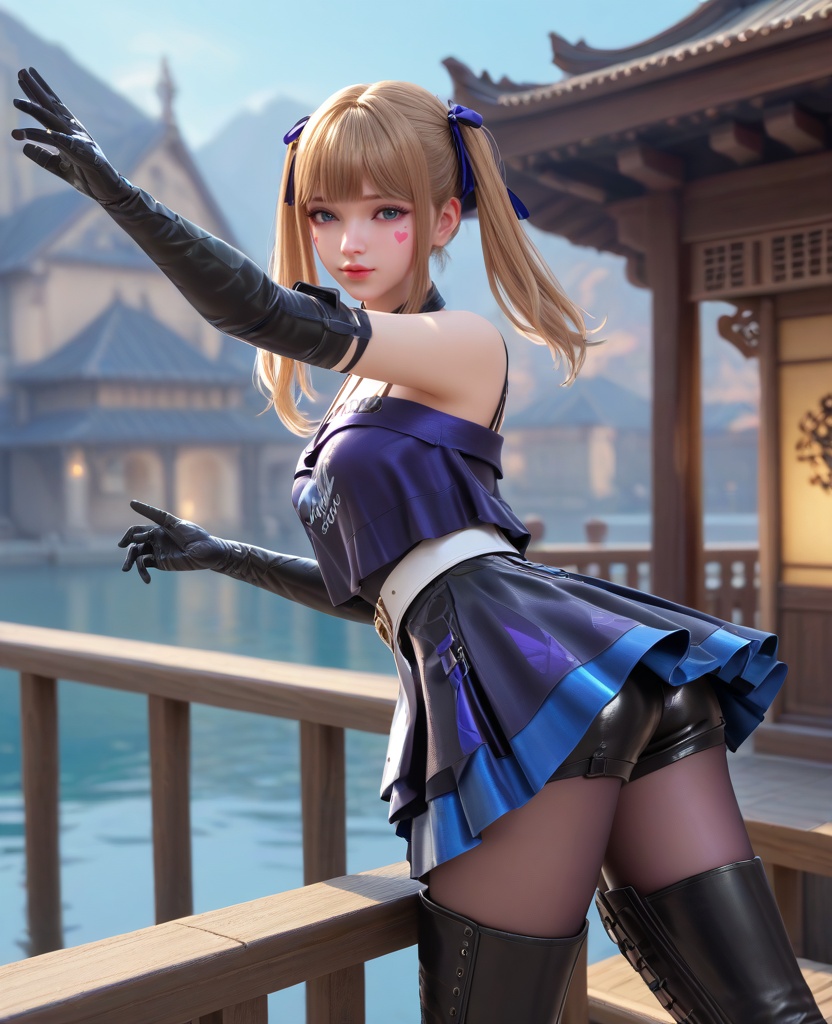 (oriental architecture, elegant decor, sophisticated style:1.1),(Balancing on a fence or railing, arms outstretched, showcasing confidence and fearlessness,:1.1),(breasts:1.2),<lora:XL16穿越火线晴雅保卫者:0.95>,miss qingya,black latex camisole,blue eyes,heart facial mark under left eye,blonde hair,twintails,hair ribbon,blue faux two-piece skirt,white belt,brown pantyhose,thigh strap,lips,black glove sleeves,black thigh boots,latex shorts,, score_9,score_8_up,score_7_up,score_6_up,score_5_up,score_4_up,3d rendering,tag1,tag2, Cinematic Lighting,backlighting,, zPDXL3, zPDXL2,zPDXL, zPDXLxxx, zPDXLrl,