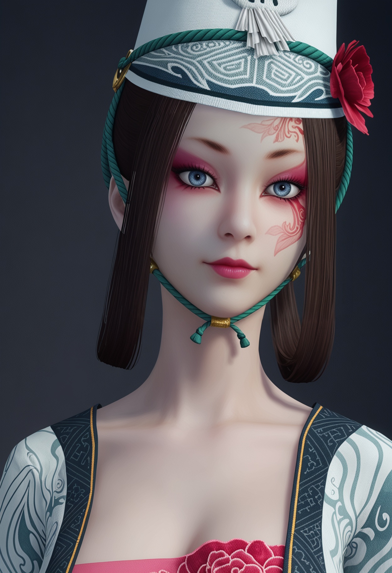 (gigantic breasts:0.6),(upper_body:1.2),(looking at viewer:1.1),facing viewer,direct gaze,<lora:YQ_pony_baiwuchang_changxuanlin_V4:0.8>,q1528437228,1girl,solo,black hair,hat,hair flower,makeup,chinese clothes,dress,hair ornament,long sleeves,grey eyes,blue eyes,facepaint,hair rings,eyeshadow,pants,jewelry,headwear,long hair,facial mark,short hair,brown hair,shoes,BREAK simple background,pure black background,black background,perfect anatomy,