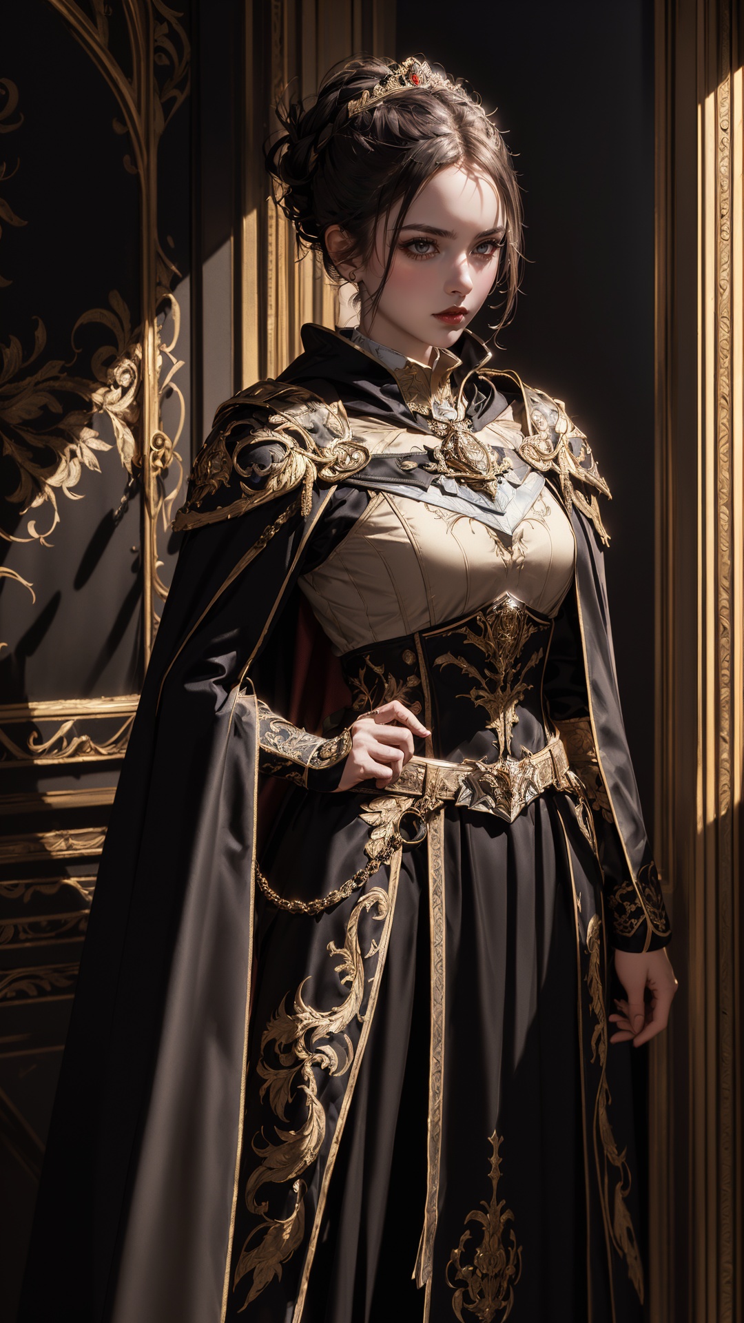 1girl,solo,full body,serious look pressed lips,(black updo:1.2),(black steel armor:1.1) and robes (cape:1.2) royalty ornate (embroidery:0.5) with sword,skinny (Gorget Plackart pauldron :1.3),(masterpiece:1.2) (illustration:1.1) (best quality:1.2) (detailed) (intricate) (8k) (HDR) (wallpaper) (cinematic lighting) (sharp focus),