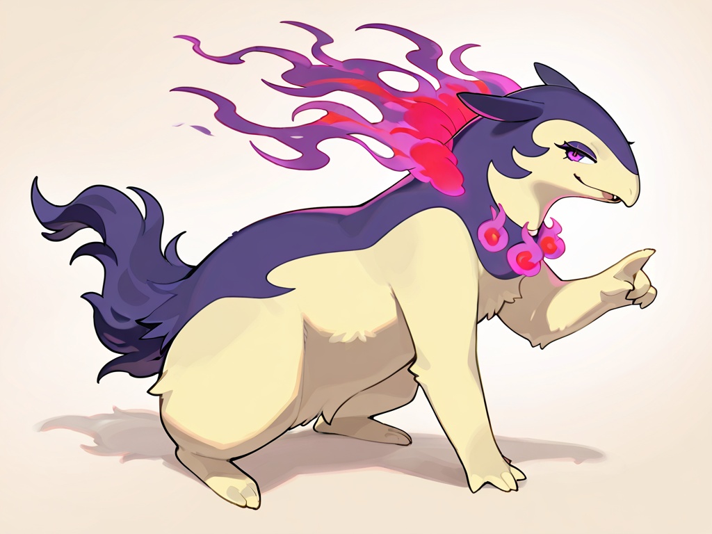 masterpiece,best quality,amazing quality,very aesthetic,high resolution,ultra-detailed,absurdres,hisuian typhlosion,feral,solo,full body,pokemon \(creature\),5 finger,(3toes:1.2),seductive_smile,looking_at_viewer,detailed fluffy fur,photorealistic details,detailed background,eyelashes,purple and blue eyes,simple background,score_9,score_8_up,score_7_up,<lora:hisuian typhlosion illustrious:1>,