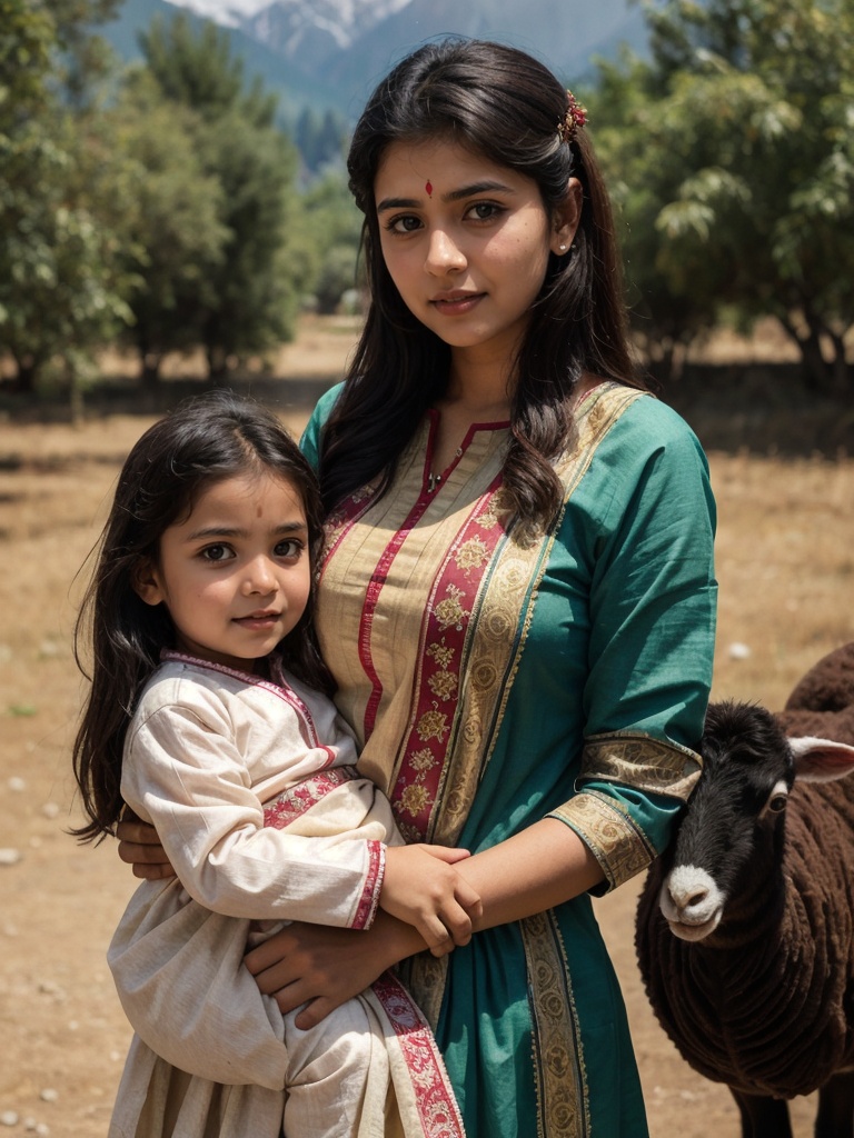 Kashmiri girl with Kashmiri traditional dress holding kid of lamb on Tensor.Art