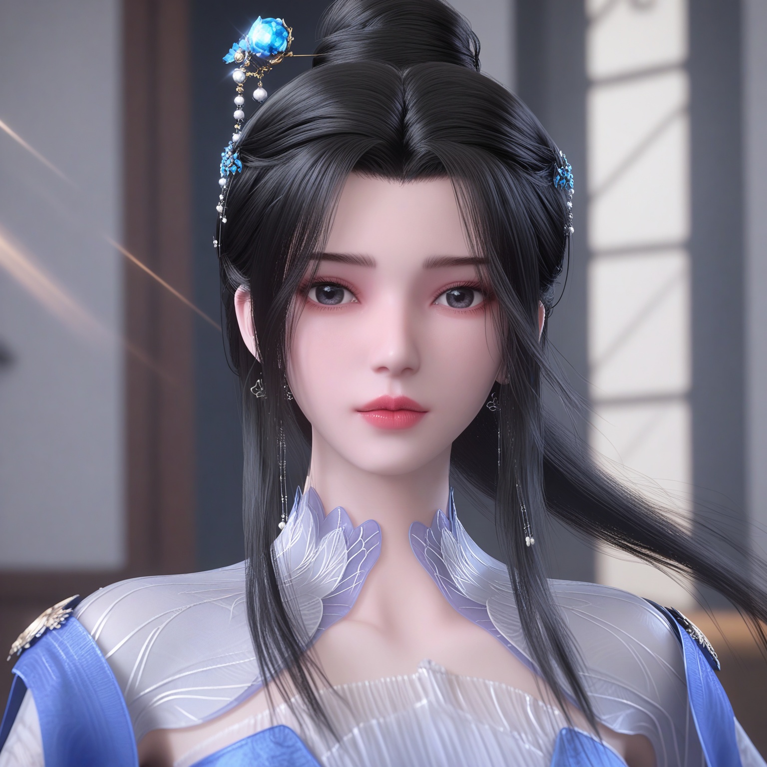 (upper_body:1.1),(huge breasts:0.9),<lora:YQponylimuwan1V4:0.8>,(q1528437228:1.1),solo,1girl,black_hair,long_hair,hair_ornament,dress,jewelry,earrings,blue_dress,hair_bun,chinese_clothes,long_sleeves,single_hair_bun,realistic,black_eyes,bare_shoulders,ponytail,hanfu,see-through,hair_stick,detached_sleeves,blush,(looking_at_viewer:1.1),BREAKintricate details,shiny_skin,solo focus,(blurry background:1.1),(depth of field:1.1),perfect_anatomy,(cinematic lighting:0.9),(volumetric lighting:0.9),light rays,shiny clothes,light beam,hourglass,(Short torso:1.1),(High waistline:1.1),(planet,:1.2),