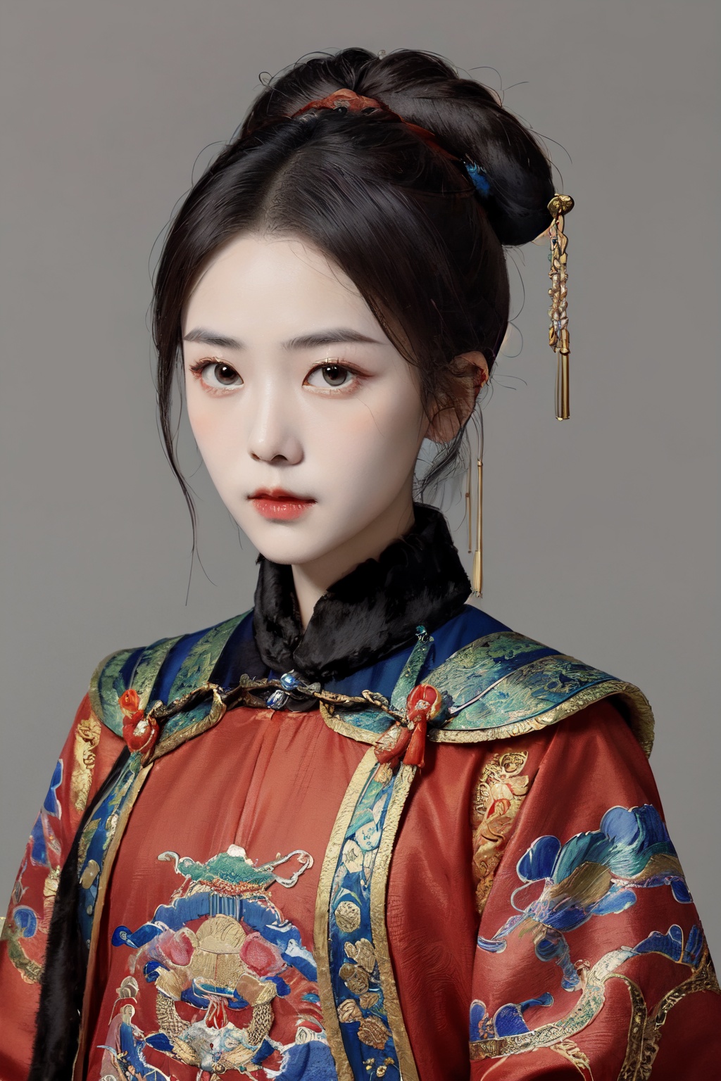 masterpiece,best quality,simple_background,<lora:清代宫廷人设>,hair_bun,close-up,qing dynasty clothing,portrait,ancient china,portrait,looking at the camera,