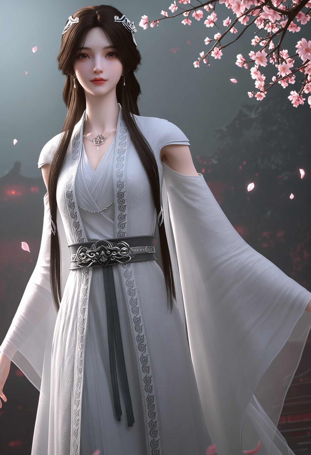 (cowboy shot:1.2),(looking at viewer:1.1),masterpiece,(best quality),smog,Dark room,dim lighting,peach blossom,falling petals,<lora:YQ_Illustrious光辉v5_雨馨2.0_V2:0.8>,q1528437228,1girl,solo,long hair,hair ornament,jewelry,earrings,dress,brown hair,white dress,necklace,black hair,brown eyes,chinese clothes,long sleeves,detached sleeves,wide sleeves,hair bun,