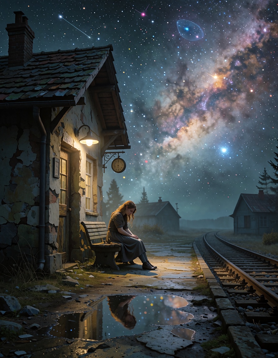masterpiece,  young woman sitting alone at a small train station at the edge of the universe,  cosmic sky overhead on Tens...