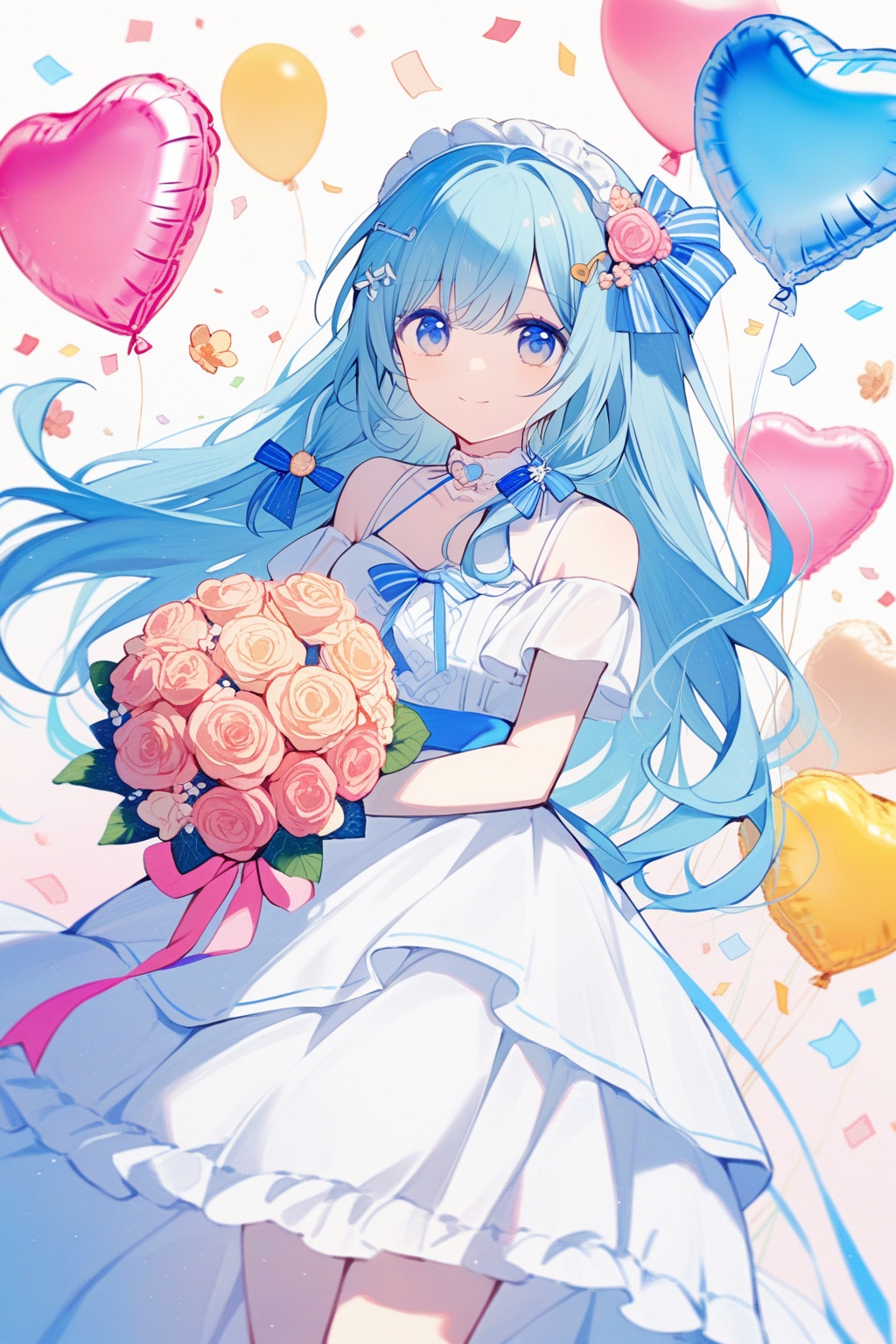 1girl, solo, musical_note, dress, blue_eyes, flower, white_dress, smile, balloon, heart_balloon, long_hair, hair_ornament, looking_at_viewer, bouquet