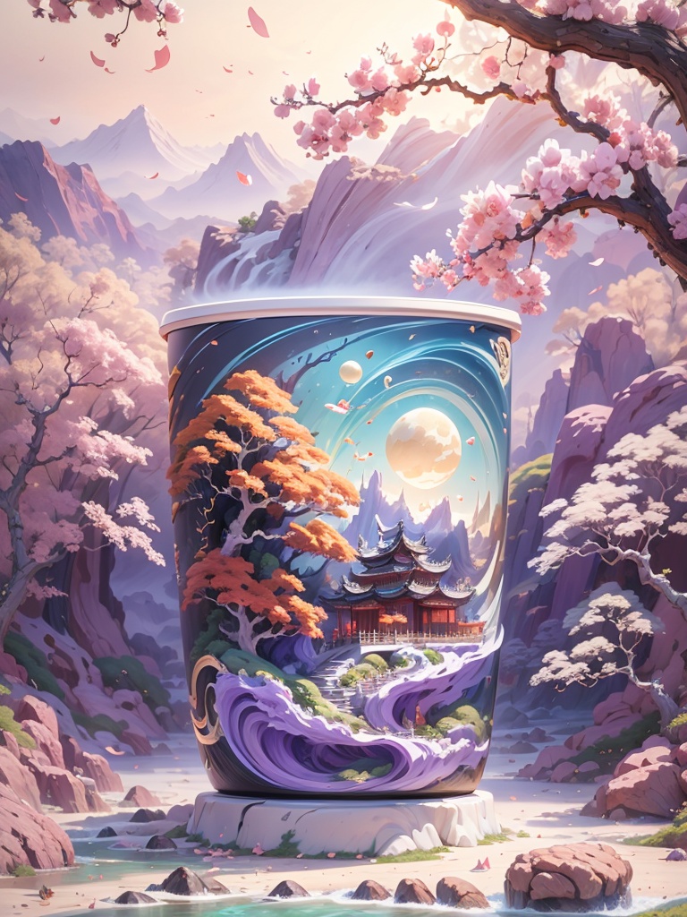 Chinese purple sand pot with red rock surrounded by splashing water, (Chinese Landscape Paper Sculpture, Chinese Song Dynasty Landscape Painting: 1.2), (Surrealist Fantasy Style), Milky Organic Liquid, Light Tracing, Ambient Masking, Haze, Natural Light, Limestone, Gel Resin Sheet, OC Rendering, (Cherry Blossom Grove Background: 1.4),(masterpiece:1,2), best quality, masterpiece, highres, original, extremely detailed wallpaper, perfect lighting,(extremely detailed CG:1.2),