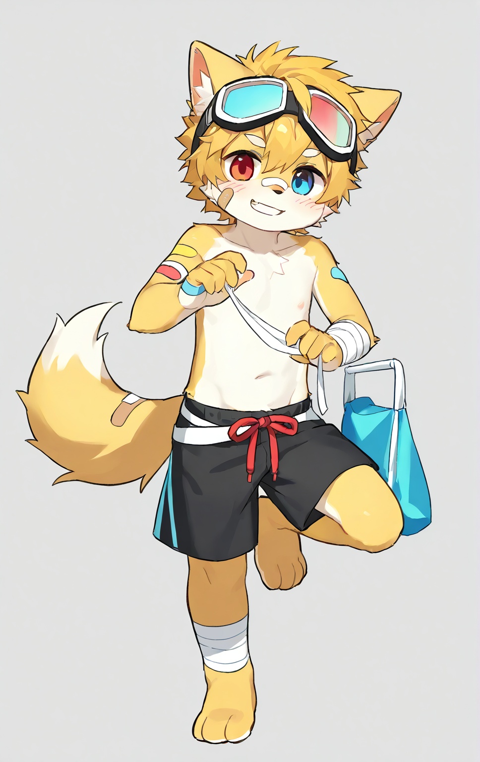 1boy, male focus, furry, furry male, solo, animal ears, goggles, goggles on head, blonde hair, blue eyes, tail, red eyes, smile, heterochromia, bandages, shorts, bandaid on face, standing on one leg, short hair, looking at viewer, bandaid, simple background, grin, leg up, blush, barefoot, male child, standing, grey background