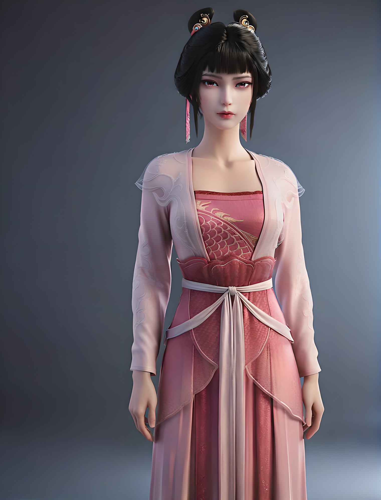 fair_skin,white_skin,Ivory_skin,score_9,<lora:SF_ZhiGui_Pony_Realism-000004:0.72>,pink dress,hair ornament,black hair,1girl,standing,breasts,long sleeves,solo,looking at viewer,simple background,cowboy_shot,