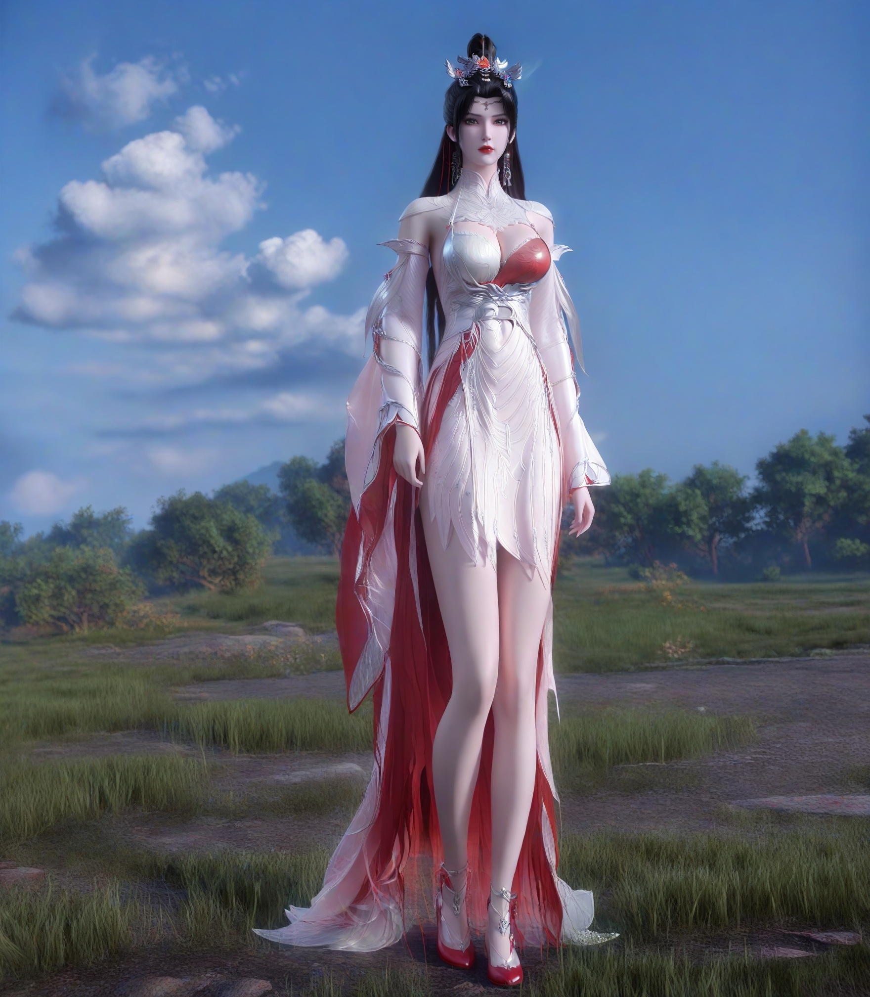 score_9,1girl,solo,hair ornament,long hair,dress,hair bun,enchanting expression,breasts,large breasts,detached sleeves,prink dress,lipstick,eyelashes,grass,black hair,looking at viewer,white background,simple background,full body,red cloth shoes,flat shoes,<lora:SF_LiuMeiSecondClothes81~86_Pony_Realism2.3-000004:0.72>,The blue sky and white clouds,