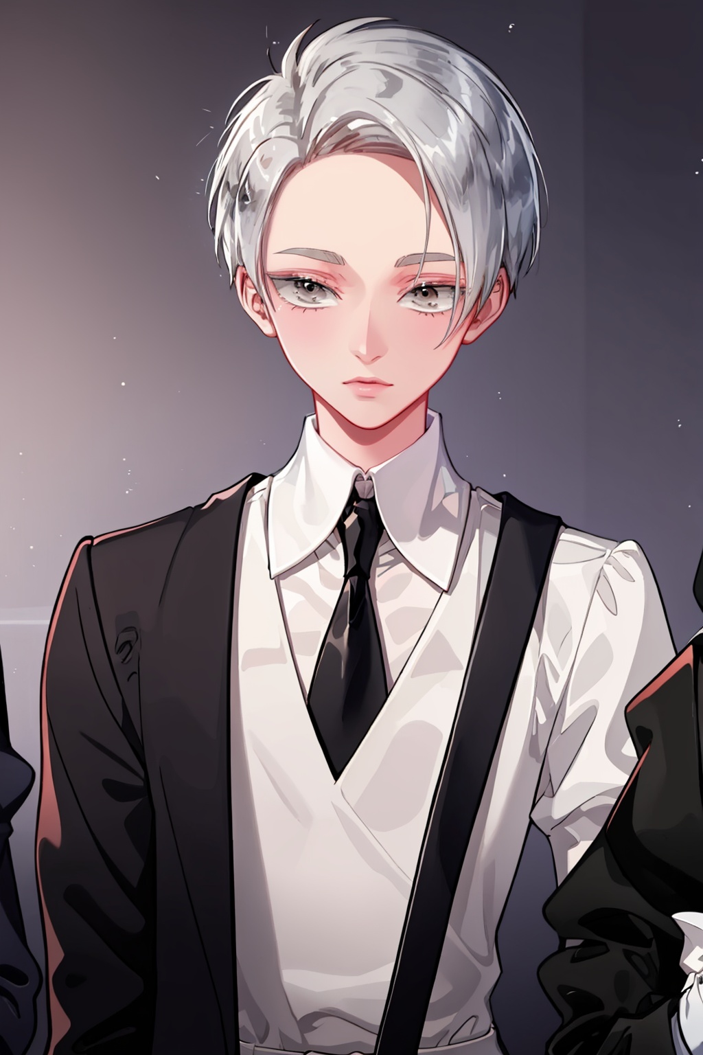 masterpiece,best quality, highly detailed, cairngorm (houseki no kuni),androgynous, gem uniform (houseki no kuni), 1other, solo, necktie, gloves, suspenders, colored eyelashes, see-through,<lora:cairngorm_(houseki_no_kuni):1>